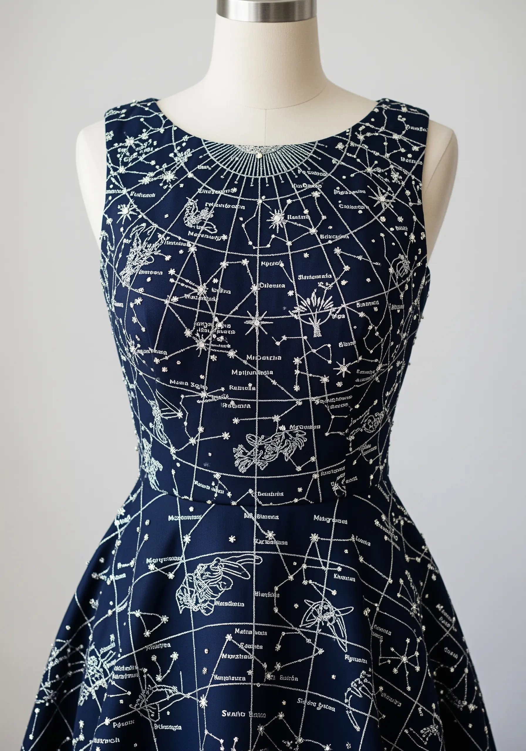 An all-over celestial map pattern embroidered in silver-blue glitter thread on a navy dress.