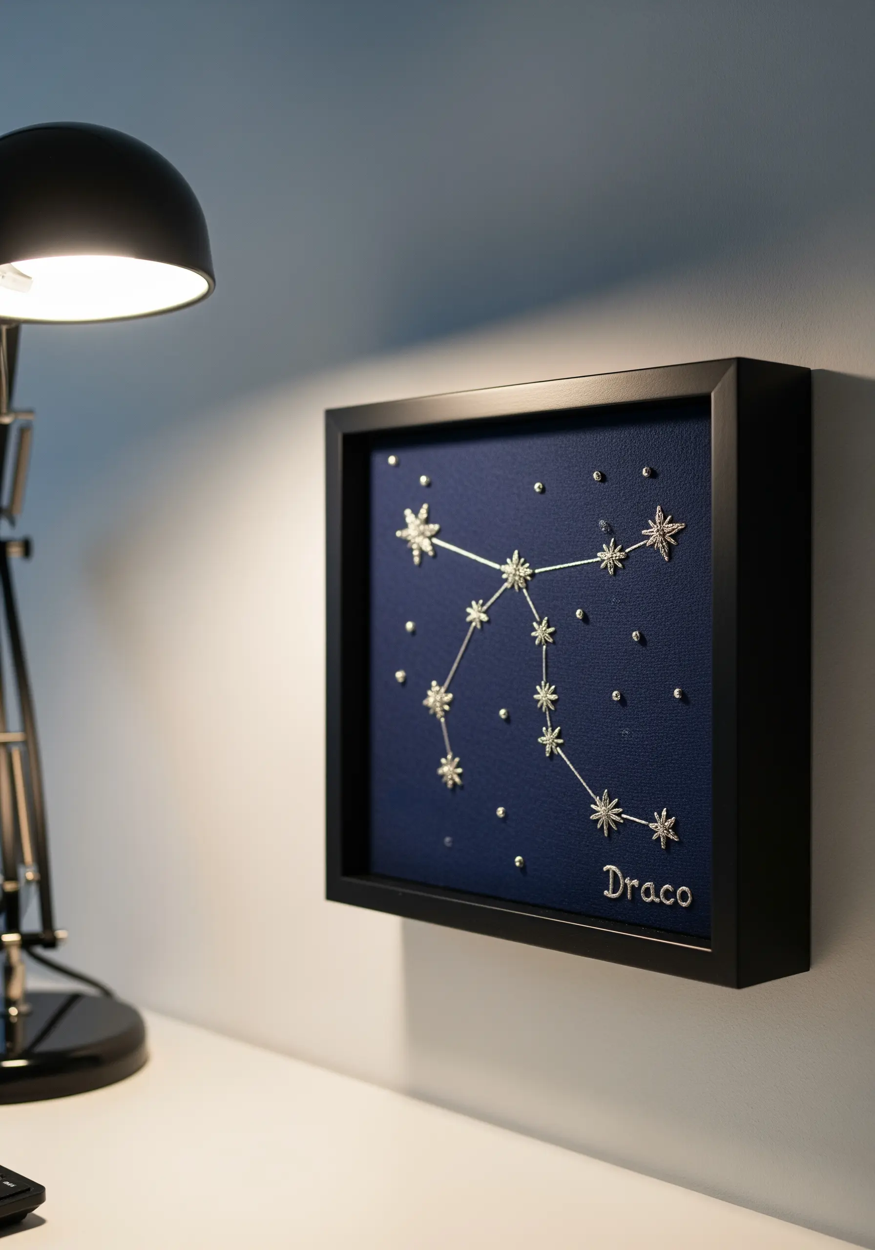 Framed embroidery of the Draco constellation using metallic thread and beads on navy fabric.