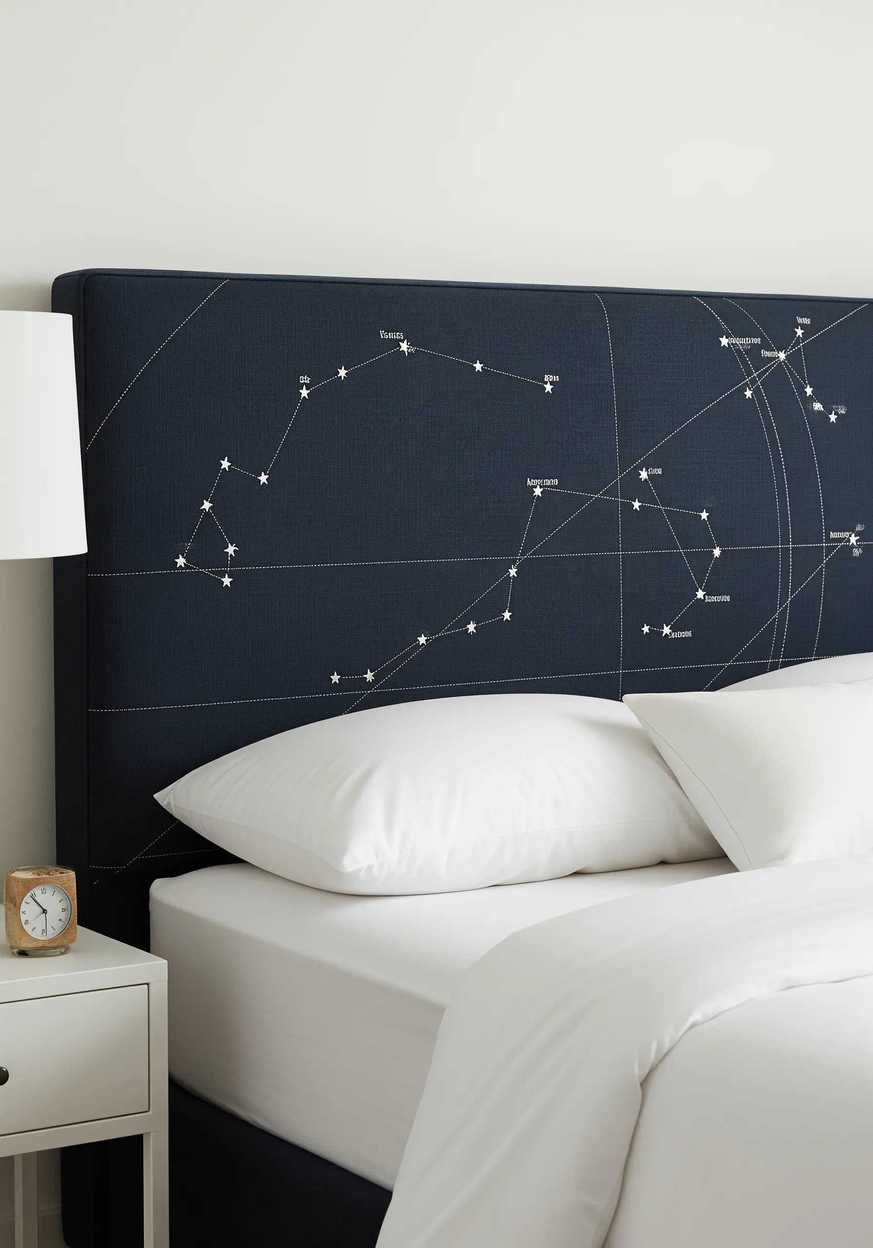 White-thread constellations embroidered across a dark navy upholstered headboard.