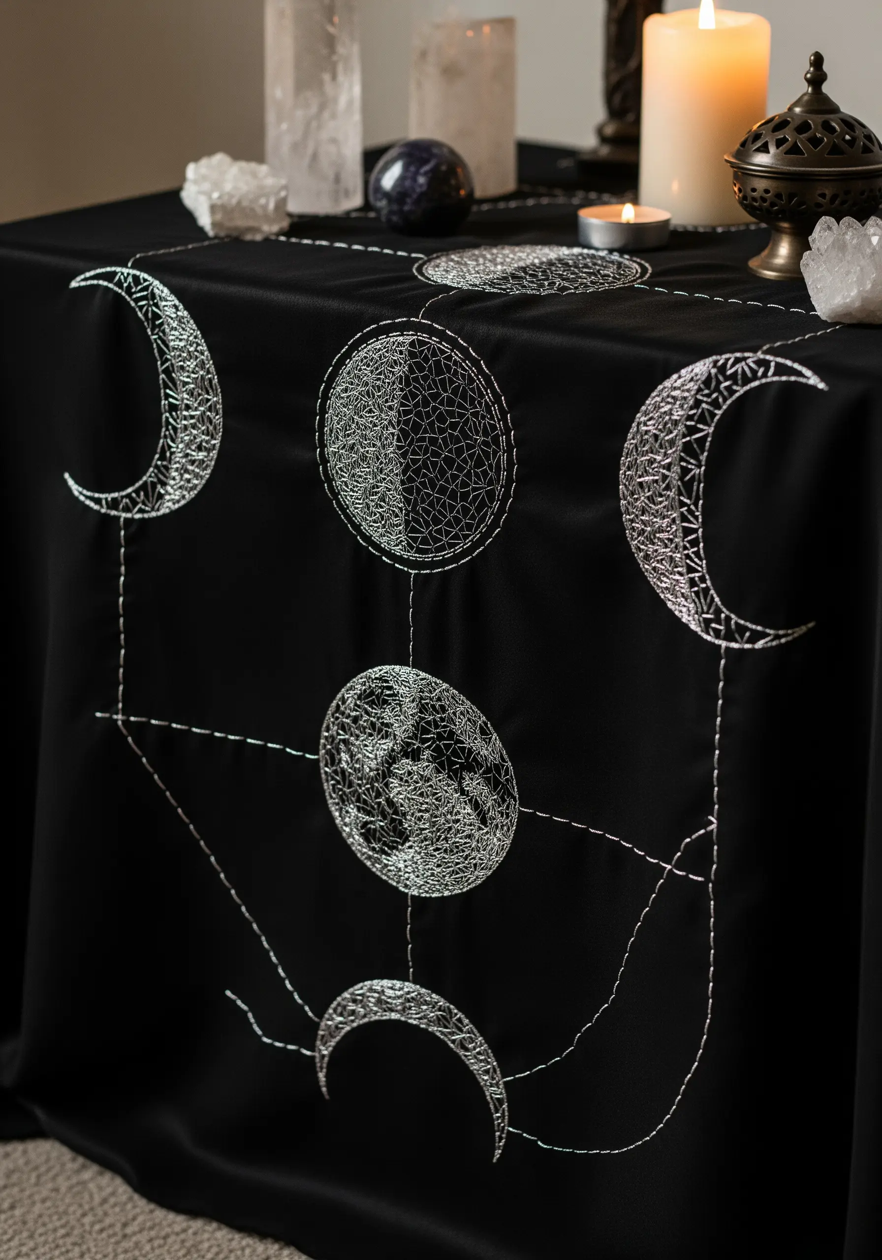 Embroidered moon phases on a black altar cloth using silver metallic thread for texture.