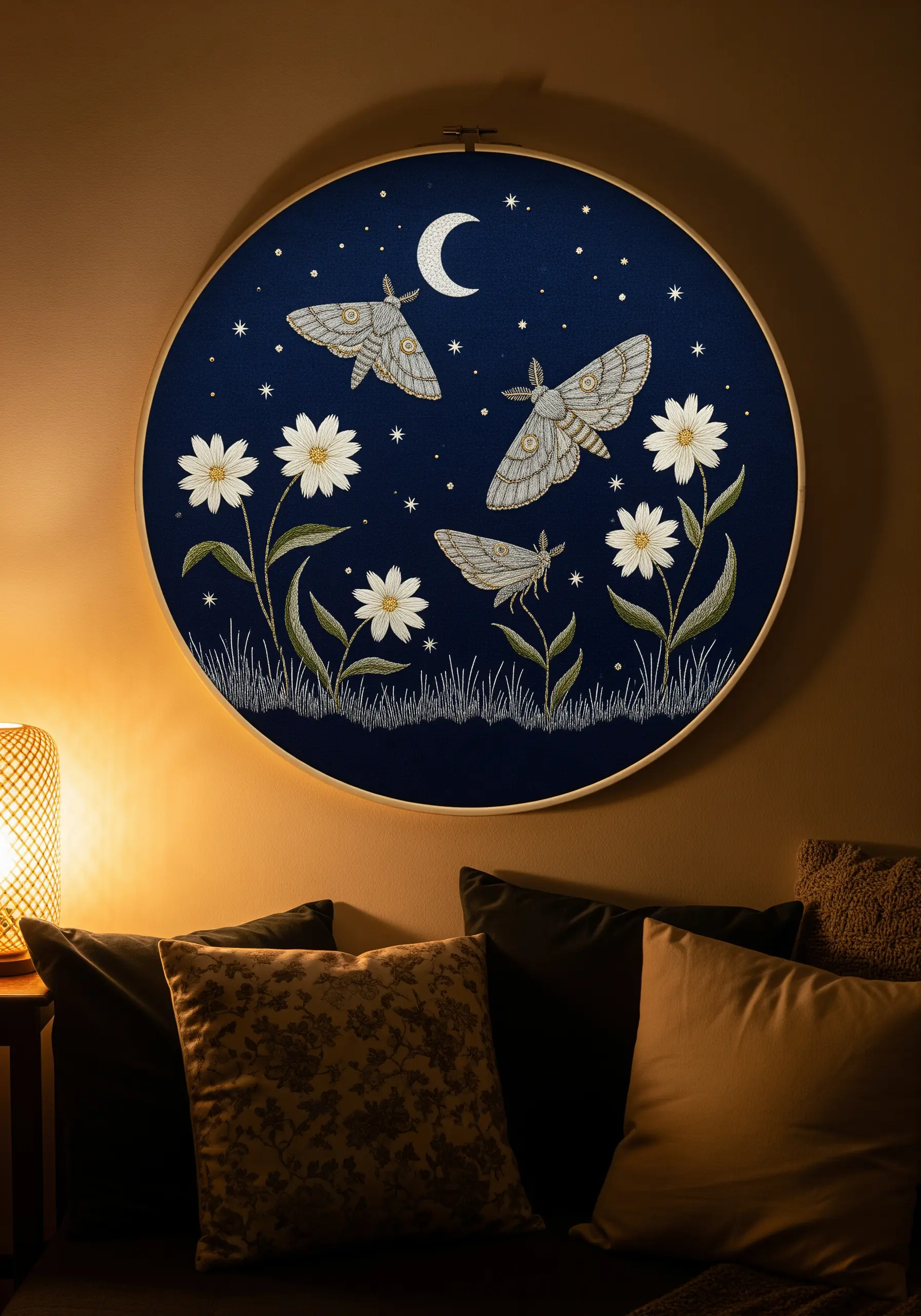 Round embroidery hoop on dark blue fabric featuring moths, moon, and stars