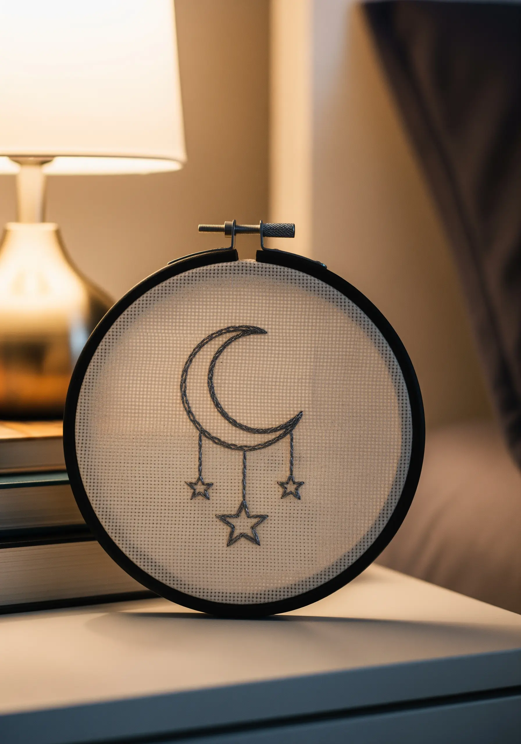 Silver thread embroidery of a moon and hanging stars on gridded Aida cloth.