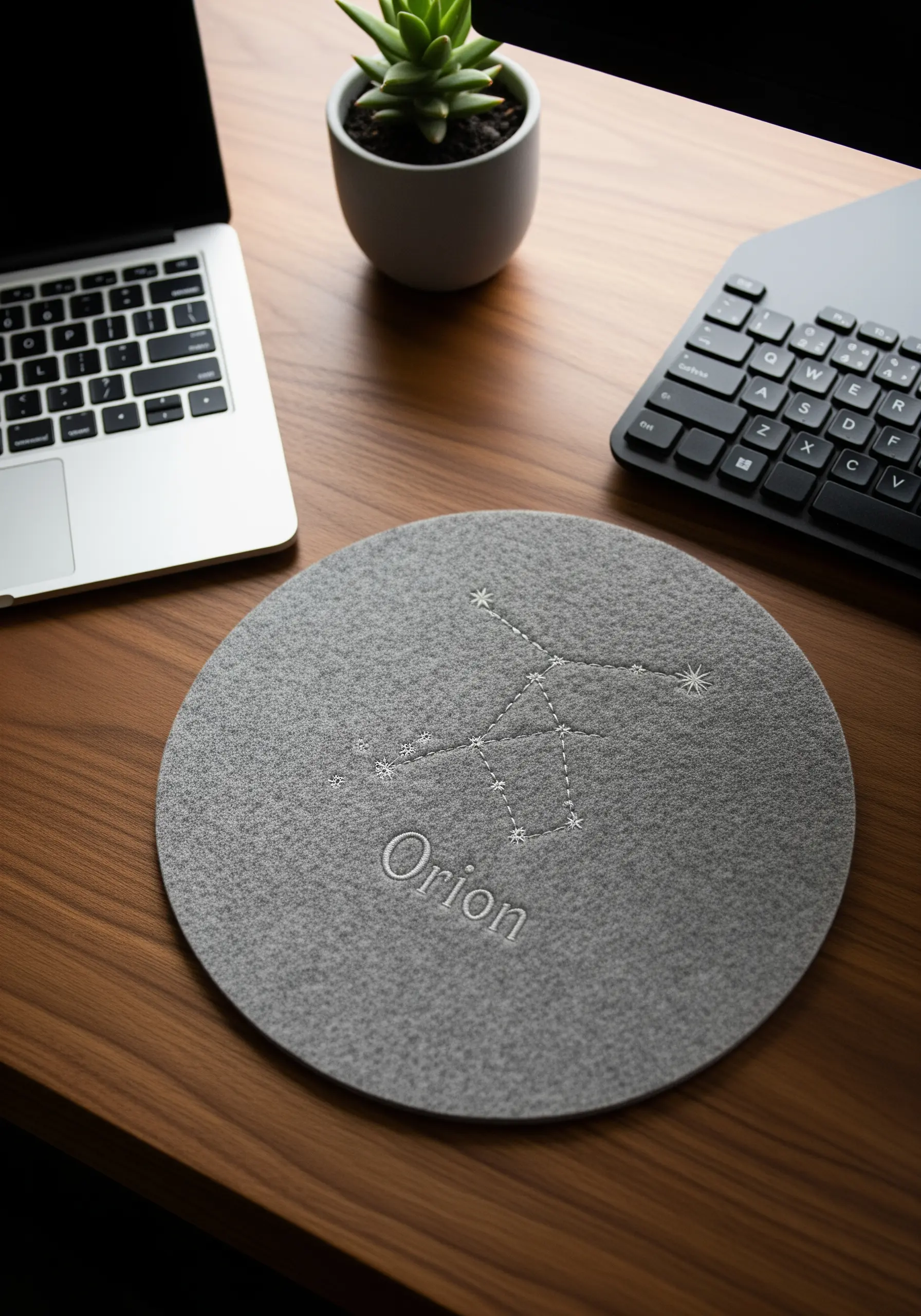 The Orion constellation embroidered on a grey felt mousepad using French knots.