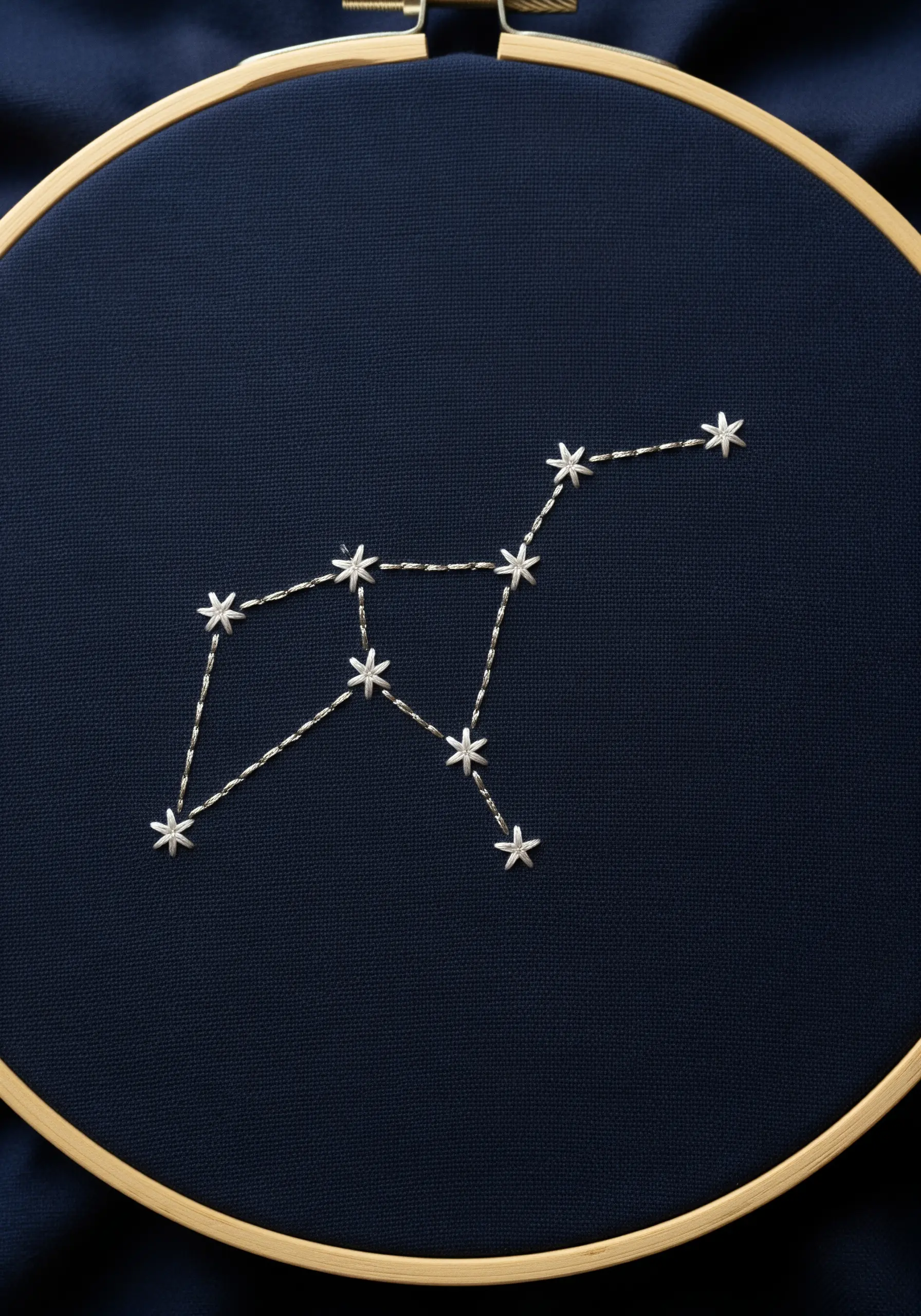 Big Dipper constellation embroidery on dark blue fabric with silver thread