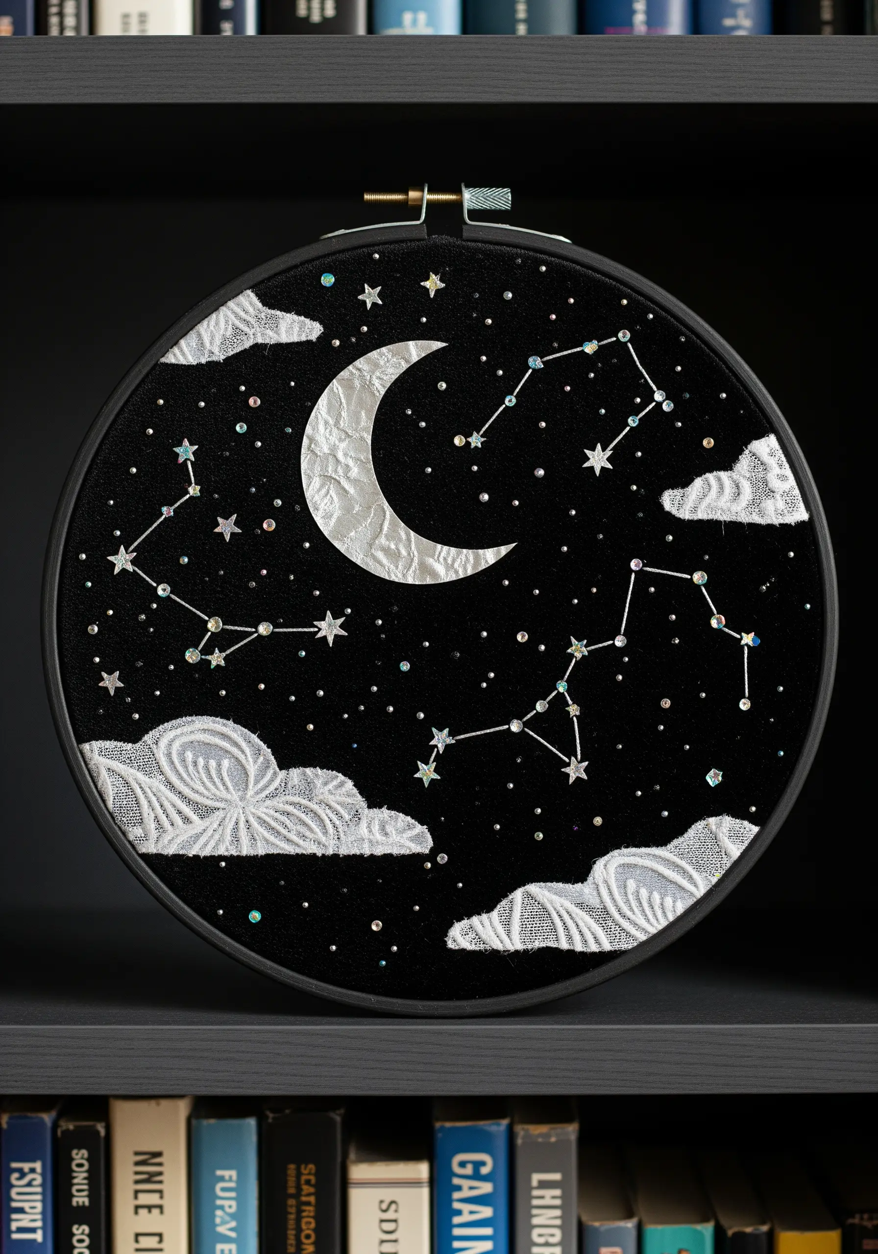 Hoop art of a night sky on black velvet, with a lace moon and sequin stars.