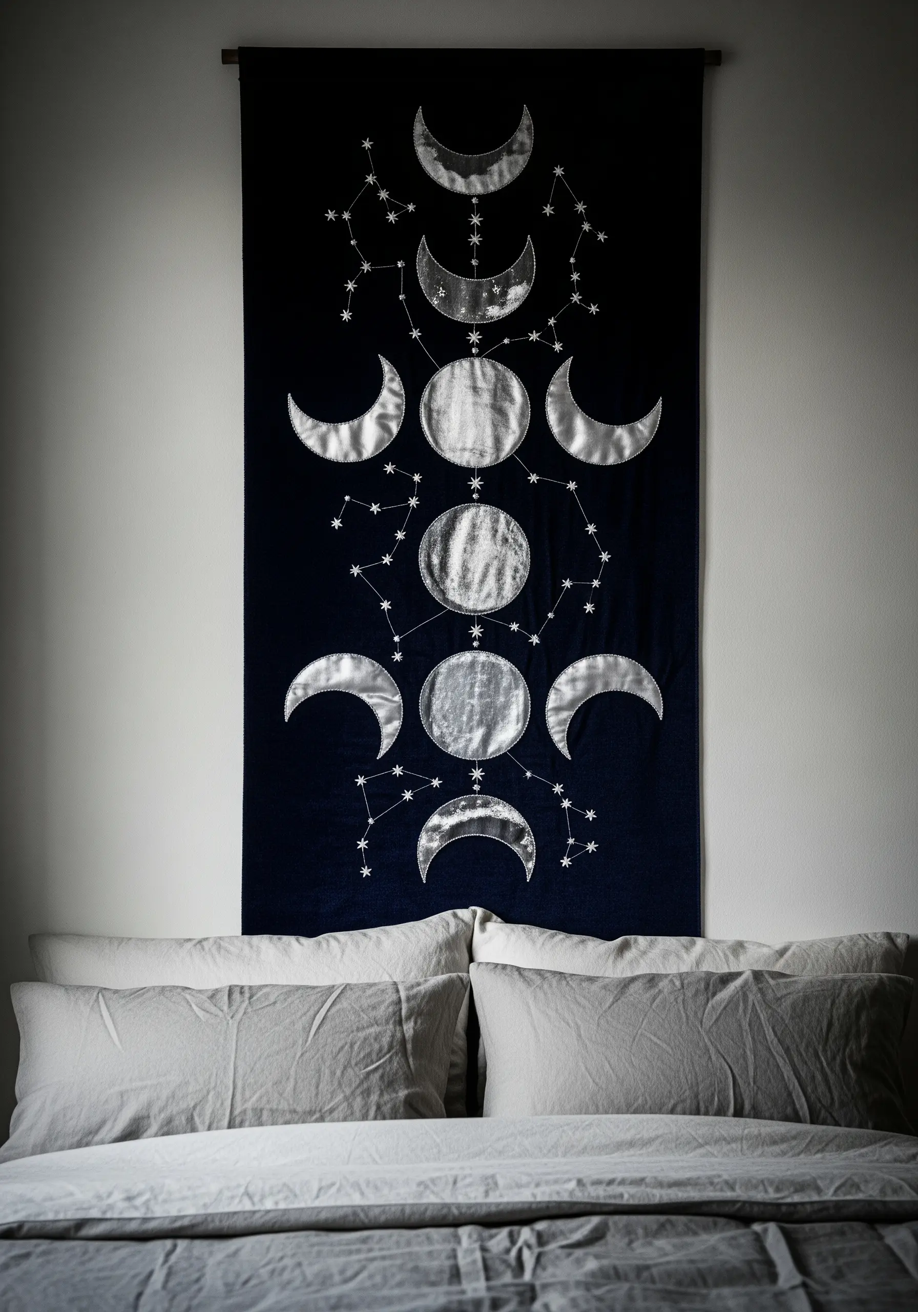 Silver appliqué moon phases and embroidered constellations on a dark navy wall hanging.