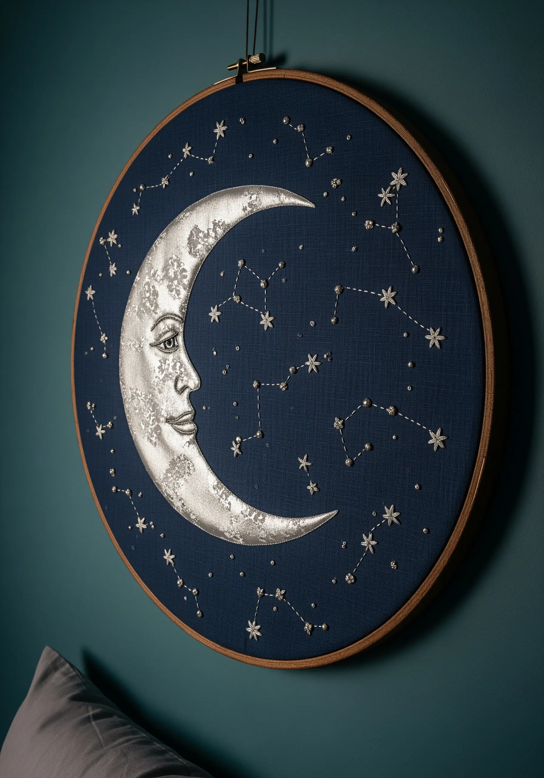 A silver appliqué moon with an embroidered face, surrounded by stitched and beaded stars.