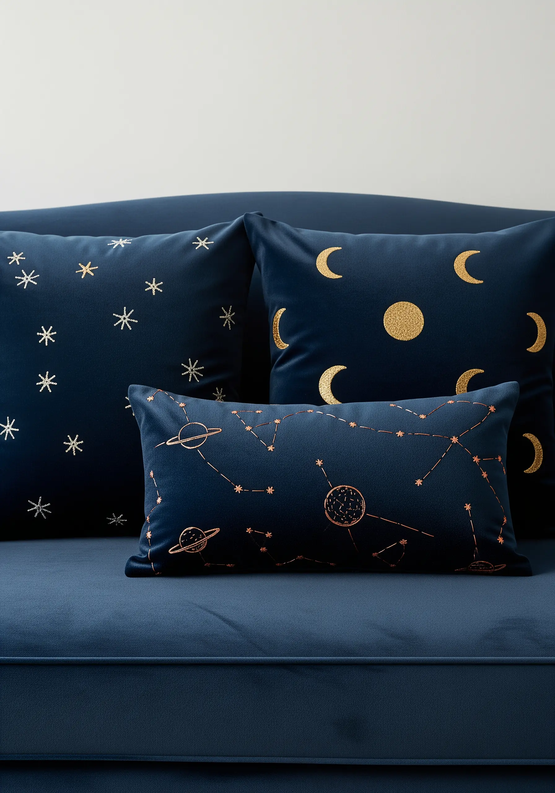 Gold and copper celestial embroidery on dark blue velvet pillows.