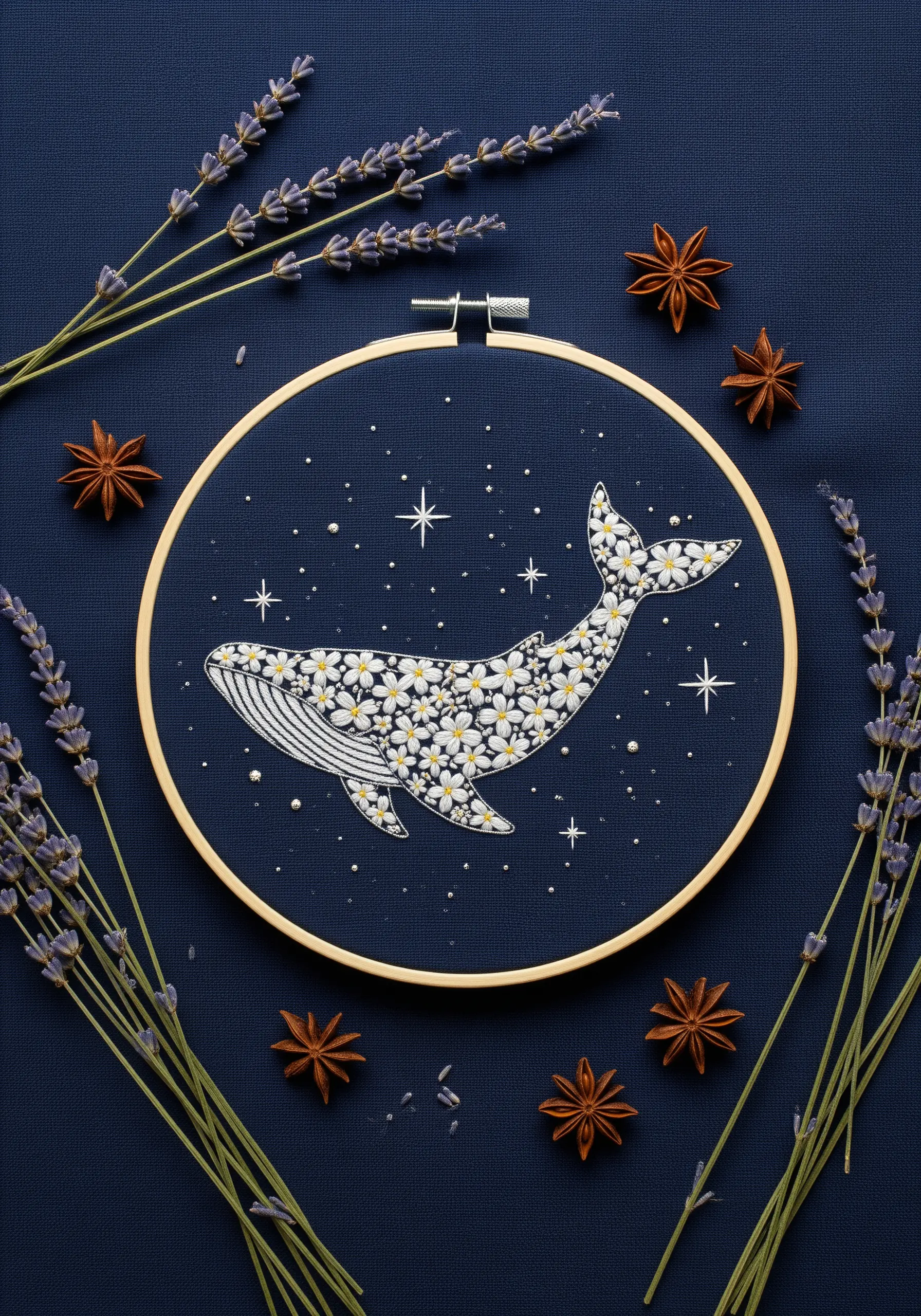 A whale silhouette filled with tiny white and yellow daisies on a dark navy blue fabric.