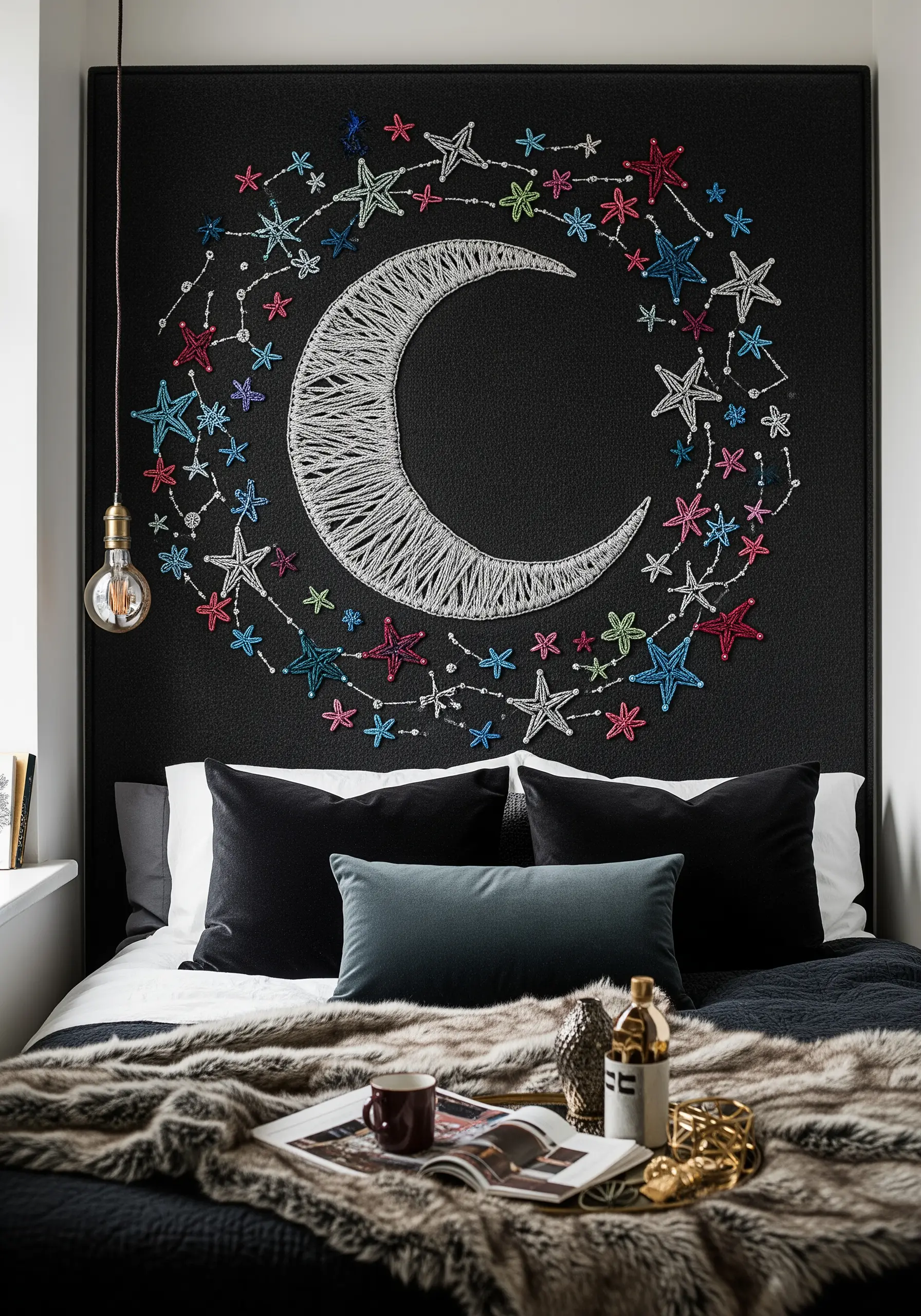 A crescent moon and stars created with string art on a black headboard.