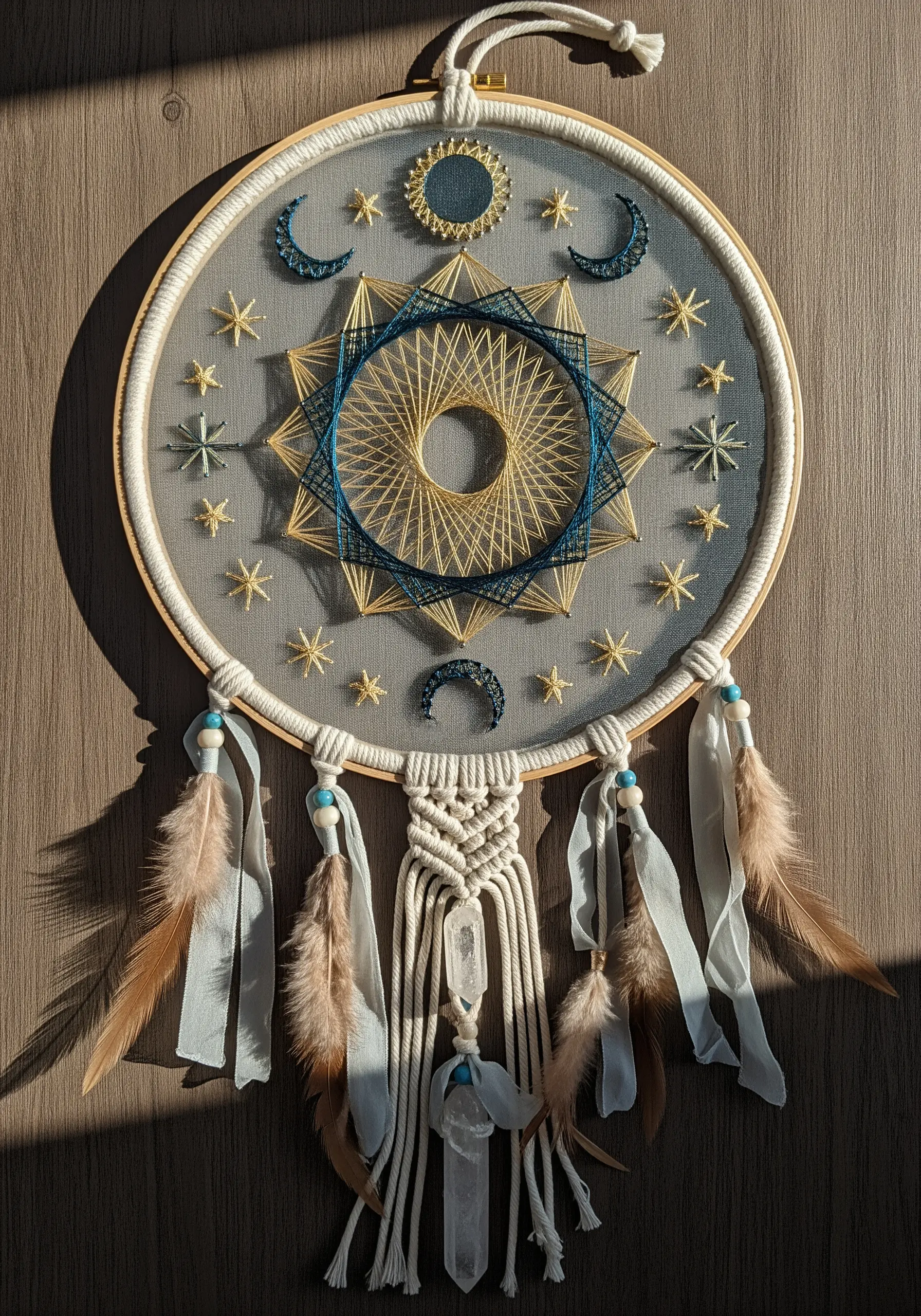 Celestial dreamcatcher with gold and navy string art, macrame, and quartz crystals.