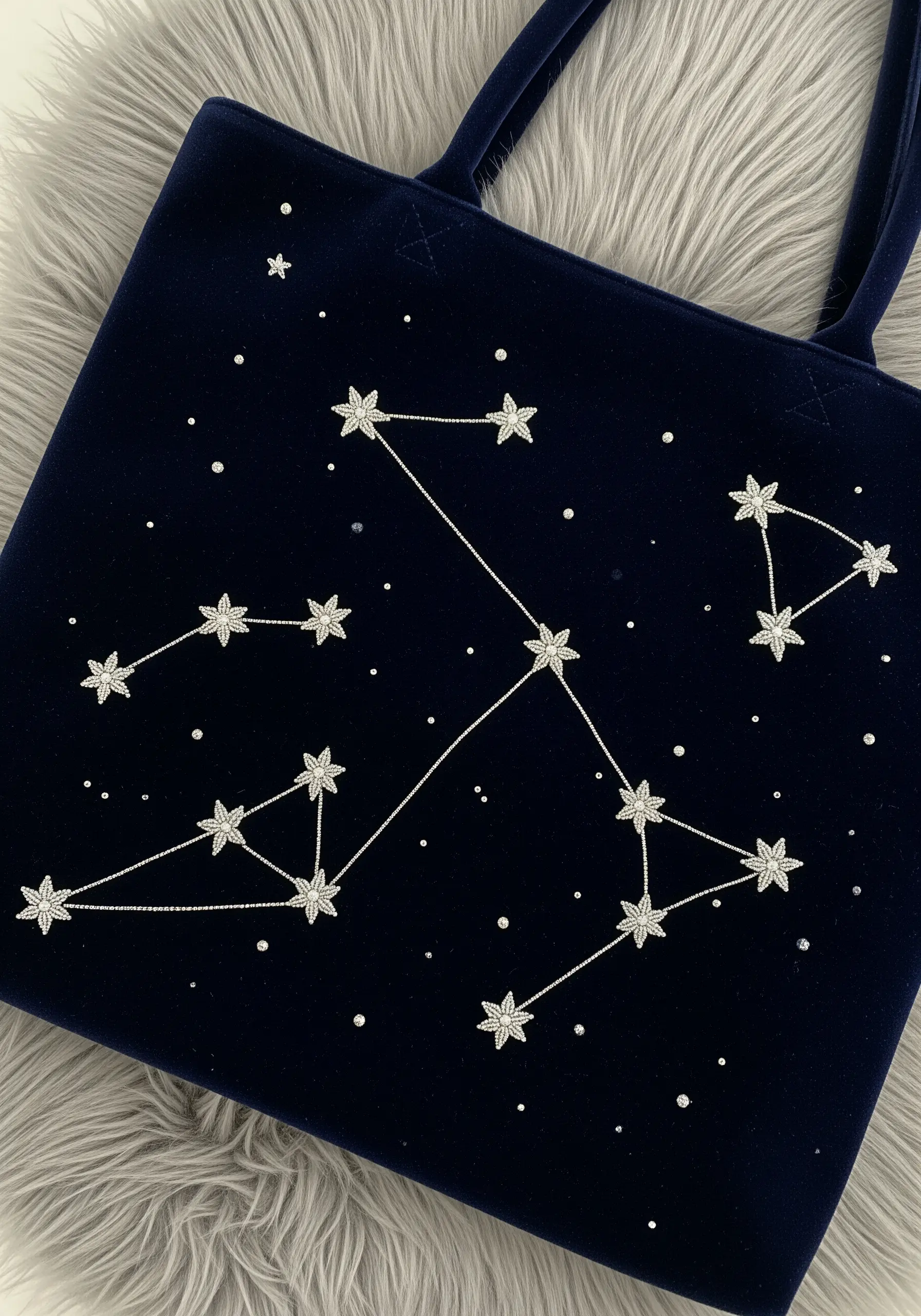 Silver metallic thread embroidered as a star constellation on a navy blue velvet tote bag.