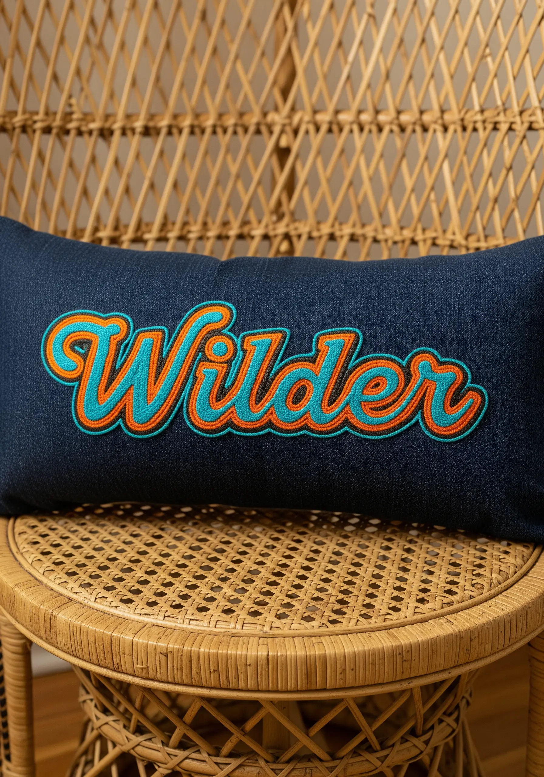 Retro script embroidery spelling Wilder in orange and blue on denim