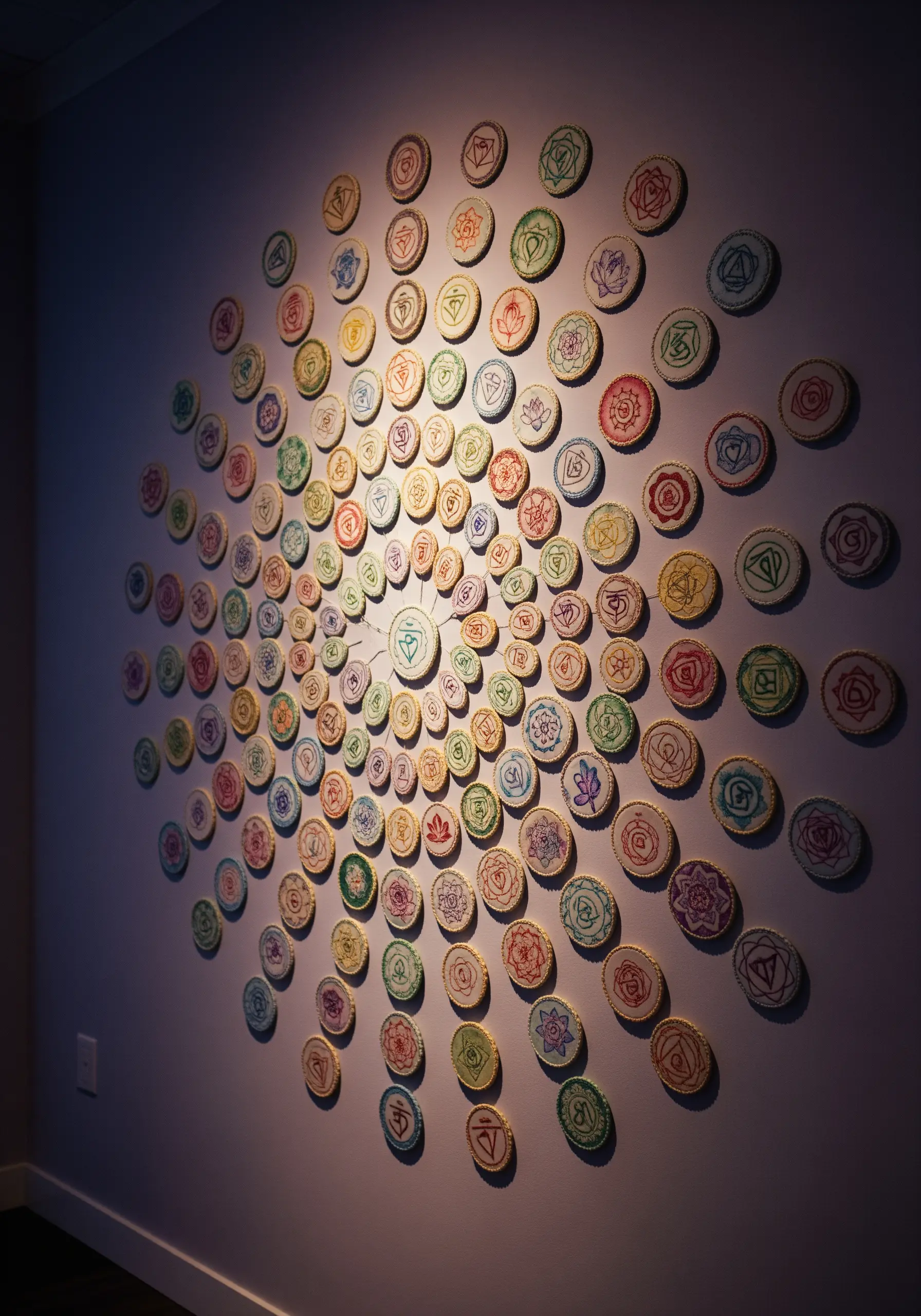 Colorful chakra mandala embroidery arranged in a circle
