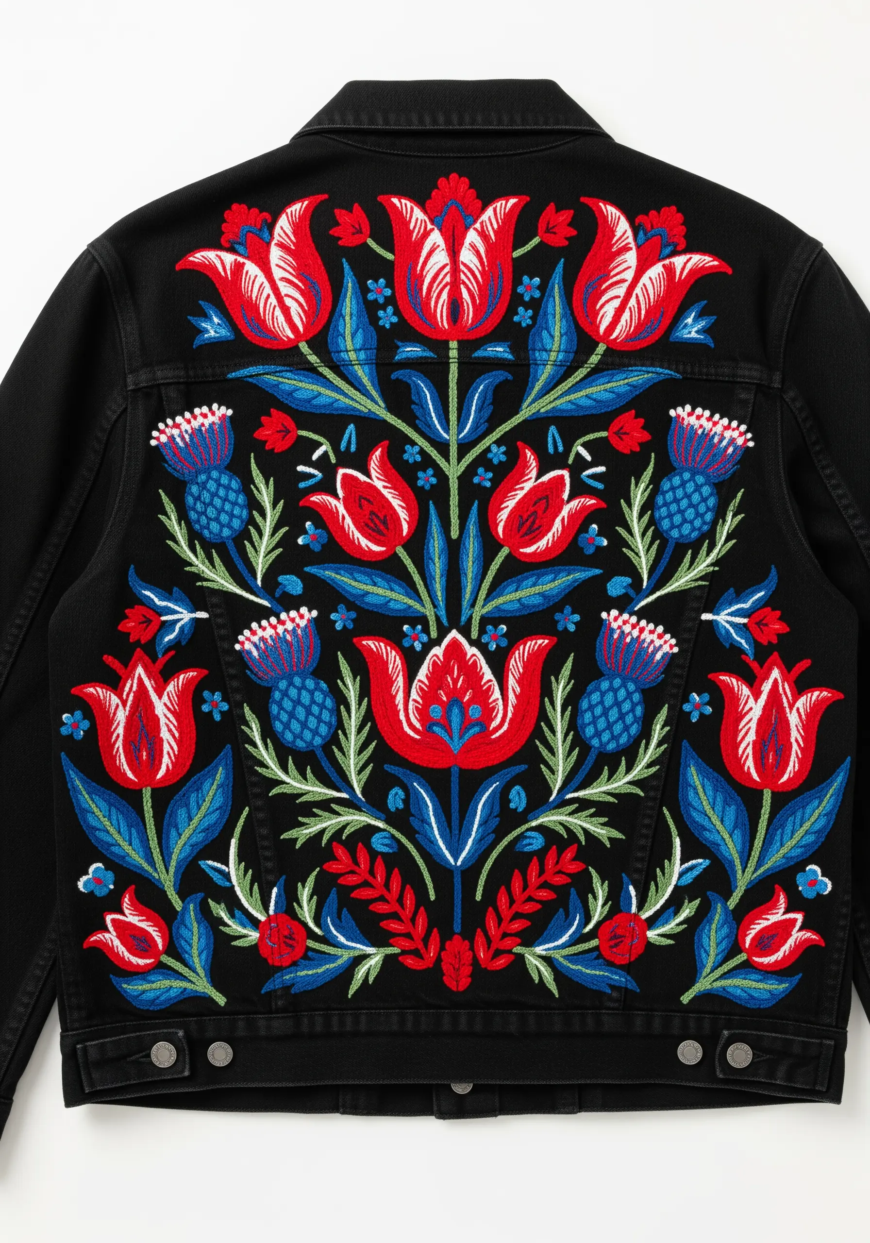 Symmetrical folk art embroidery with red tulips and blue thistles on a black jacket.
