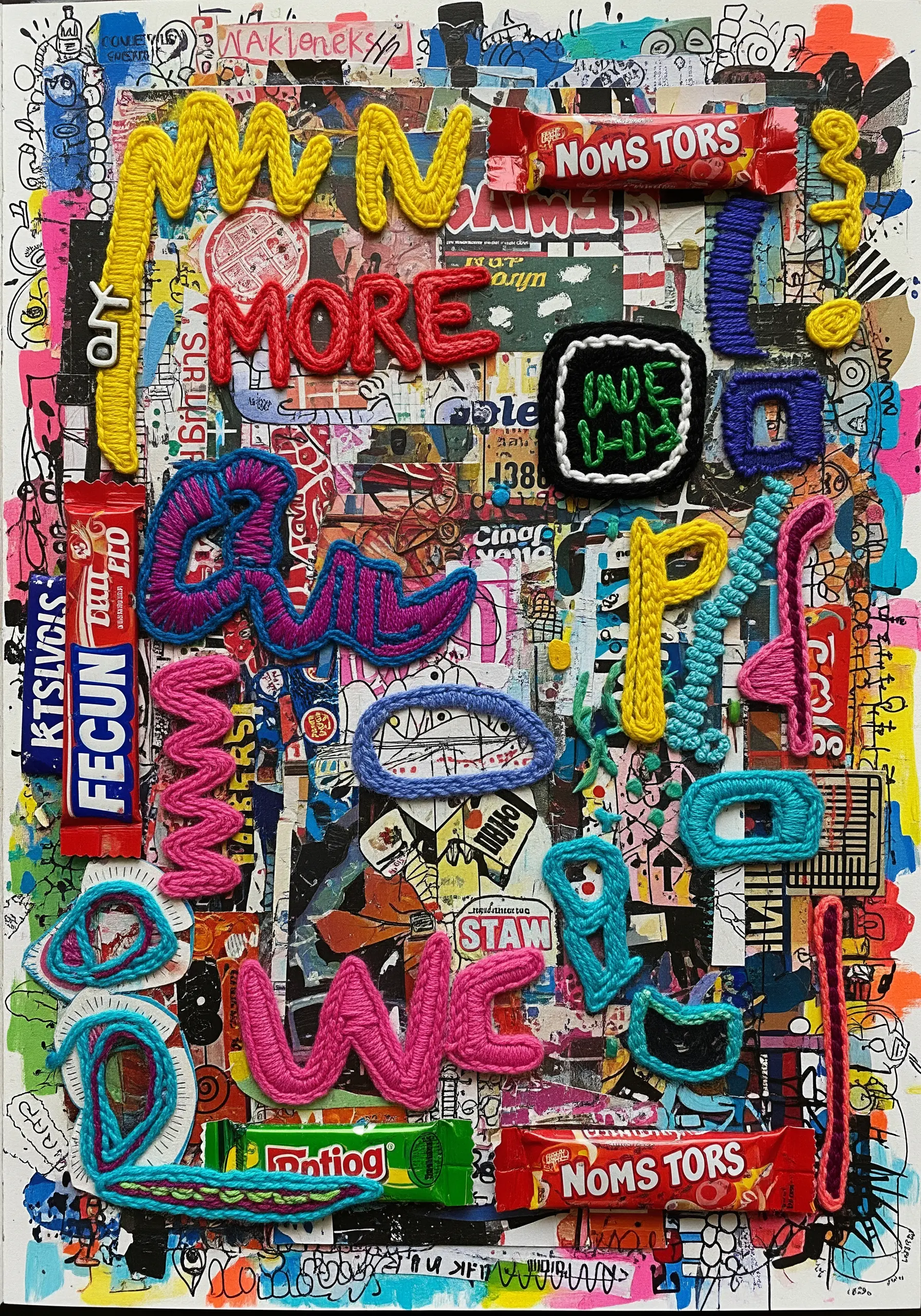 A busy pop-art collage with chunky, colorful yarn stitched into bold letters and shapes.