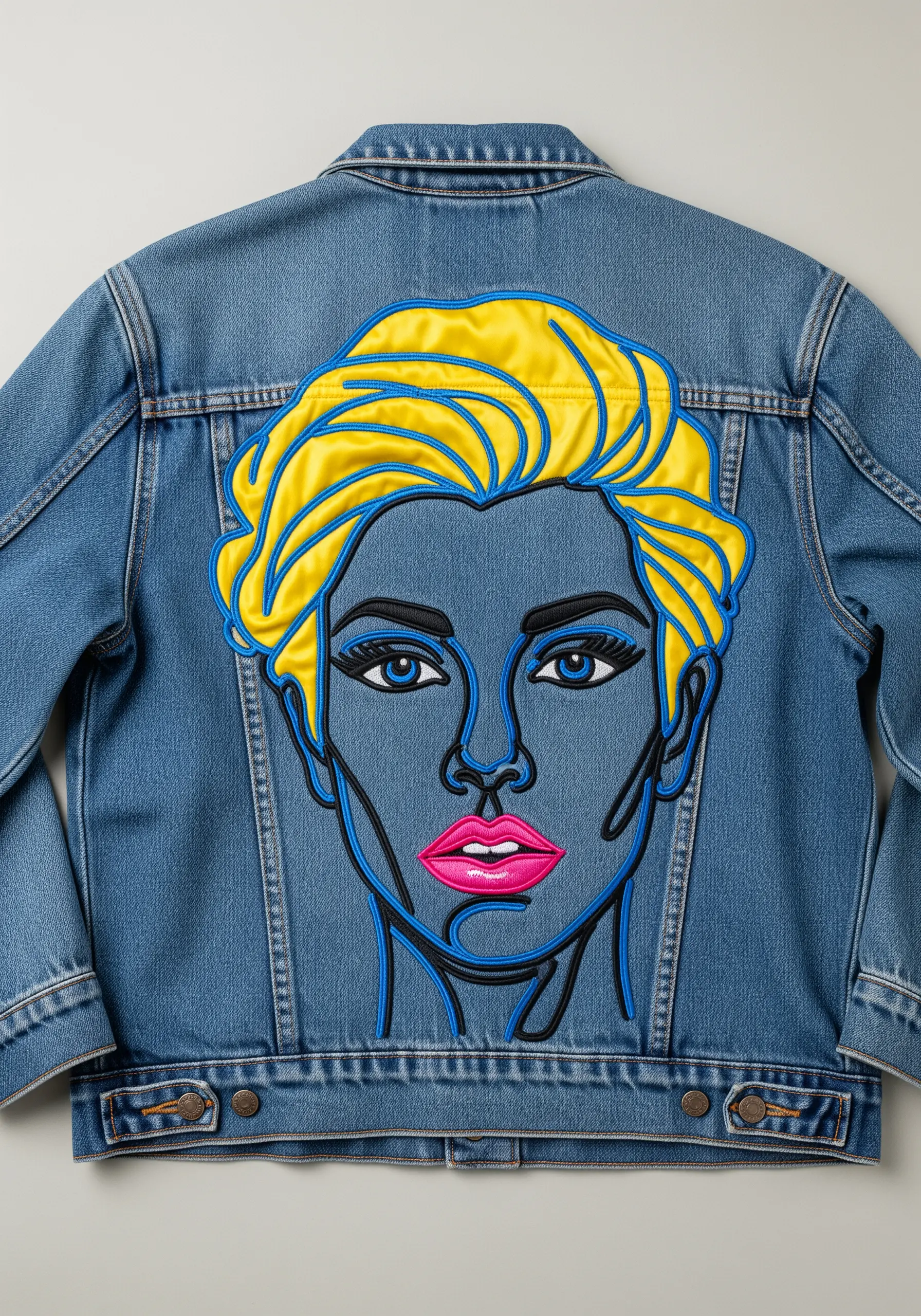 Pop-art style embroidered portrait with bright yellow hair, pink lips, and bold black outlines.