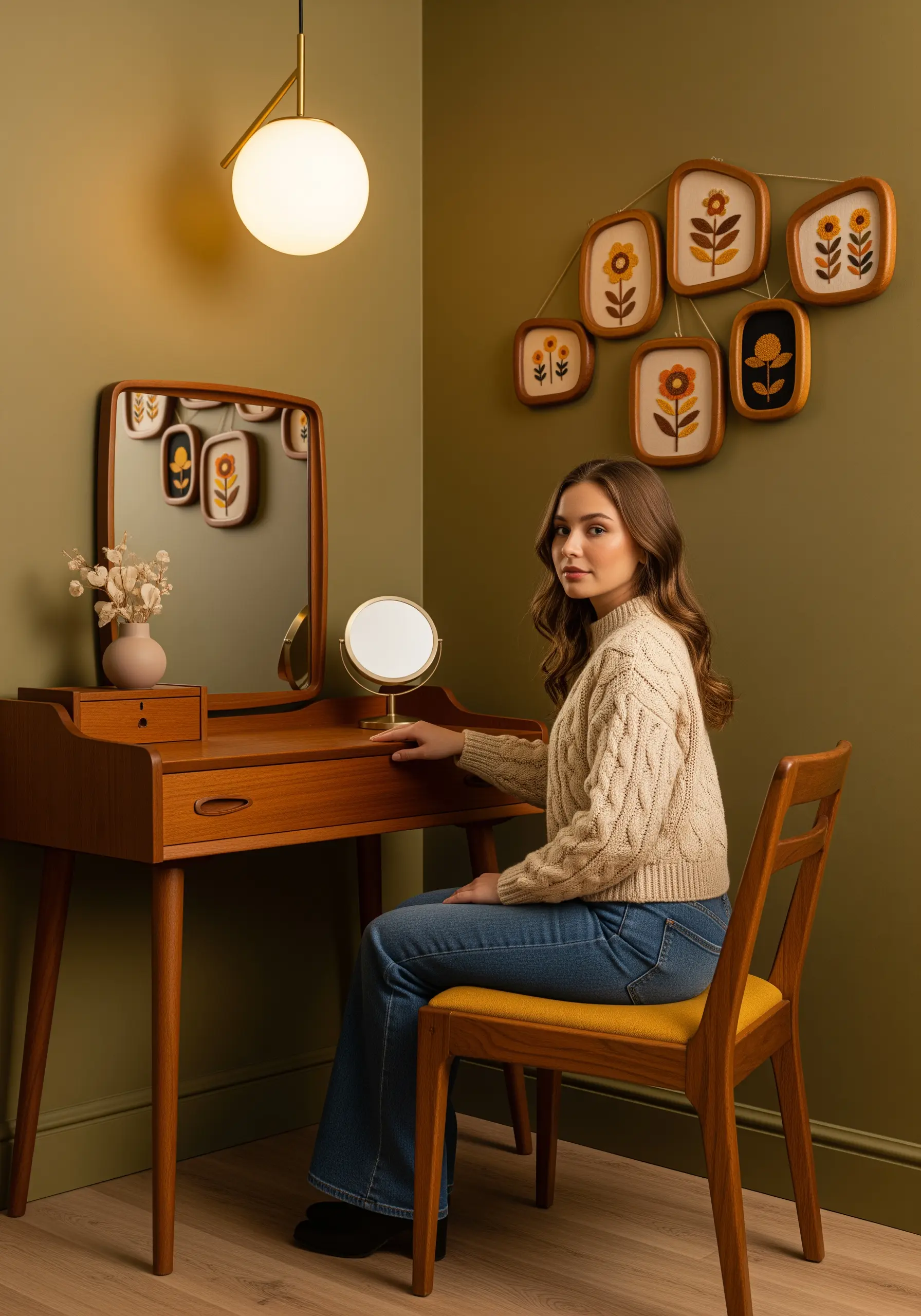 A cluster of retro-style floral embroideries in rounded wood frames on an olive green wall.