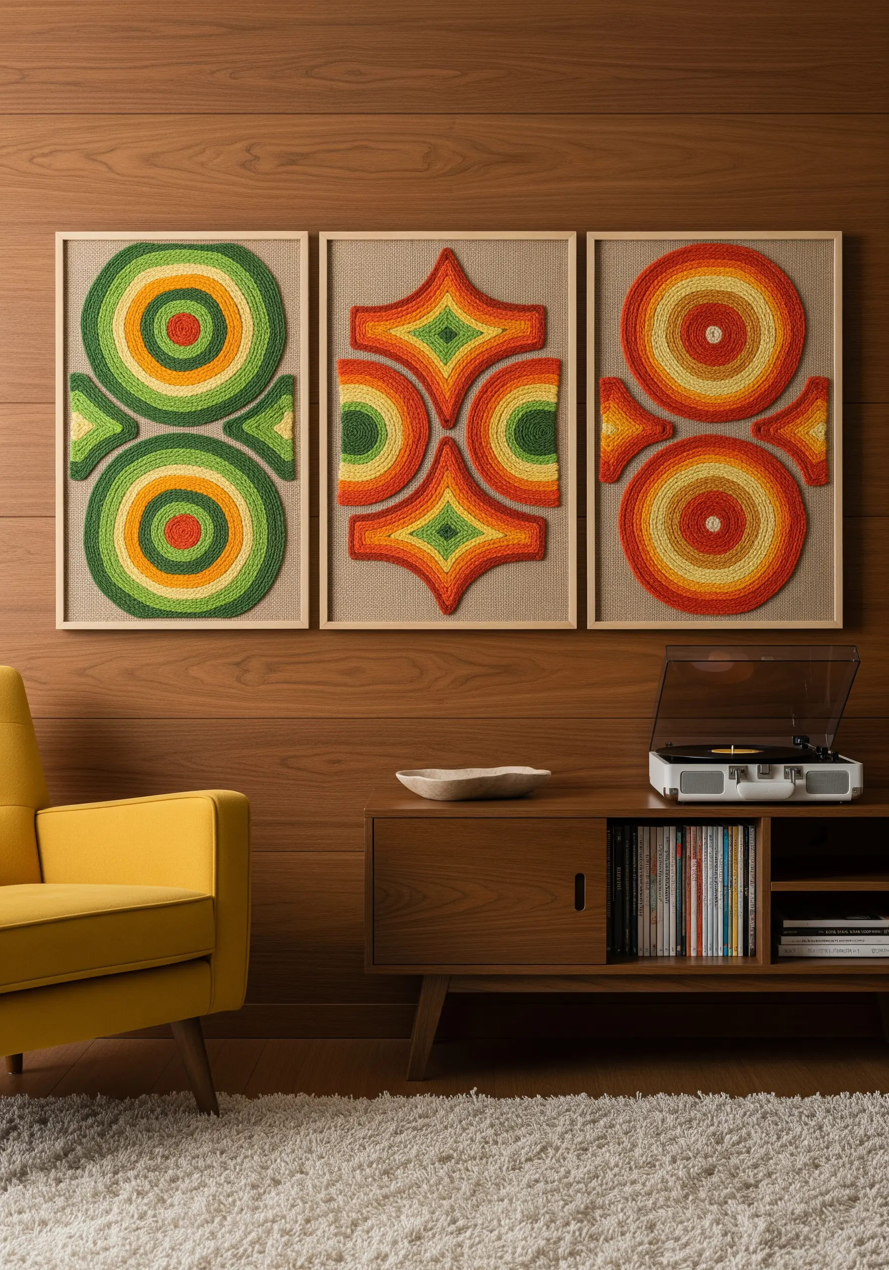 A set of three framed textile art pieces with retro 1970s geometric patterns in green, orange, and yellow.