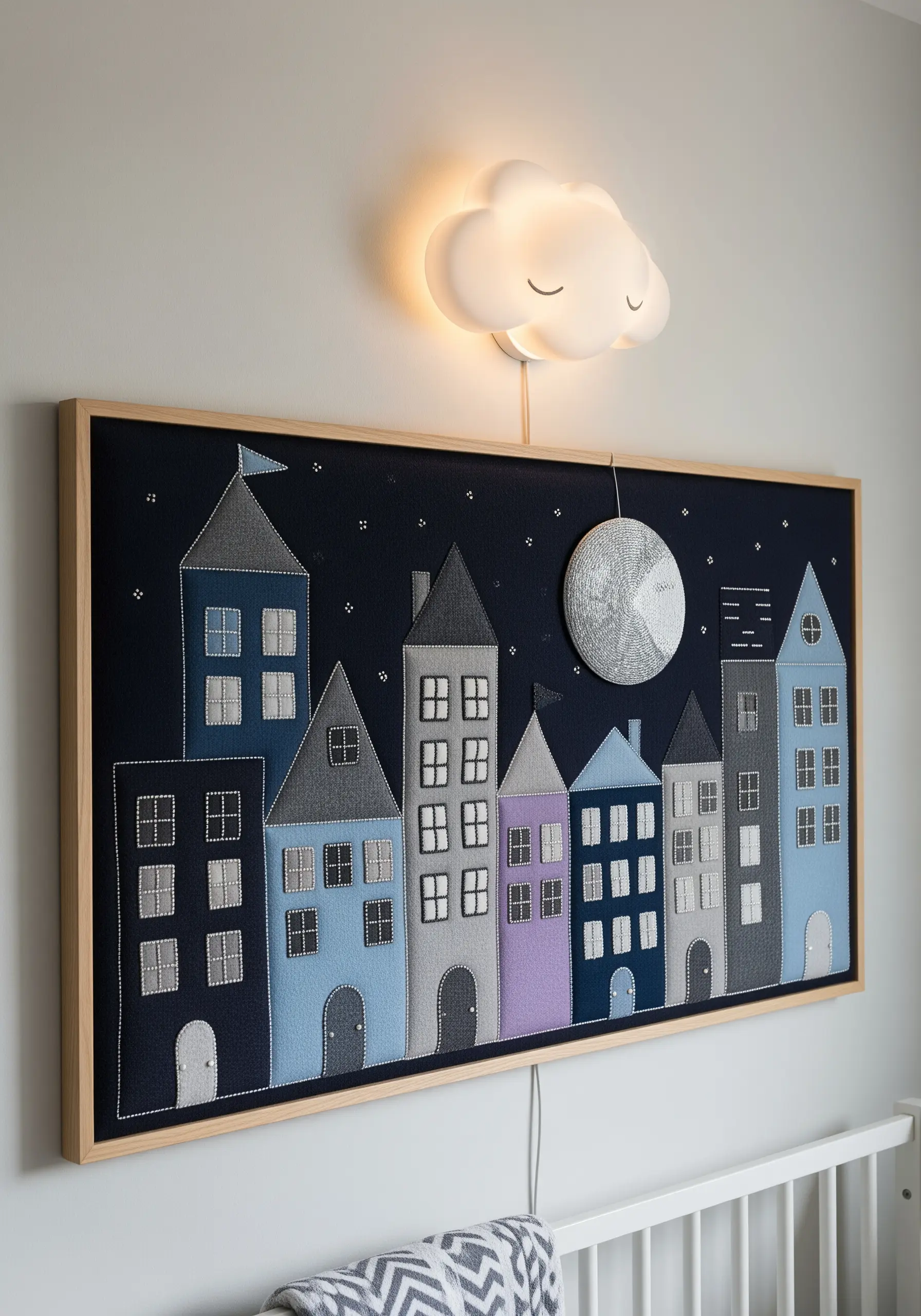 Framed textile art of a sleepy cityscape made from blue, gray, and purple fabric appliqué.