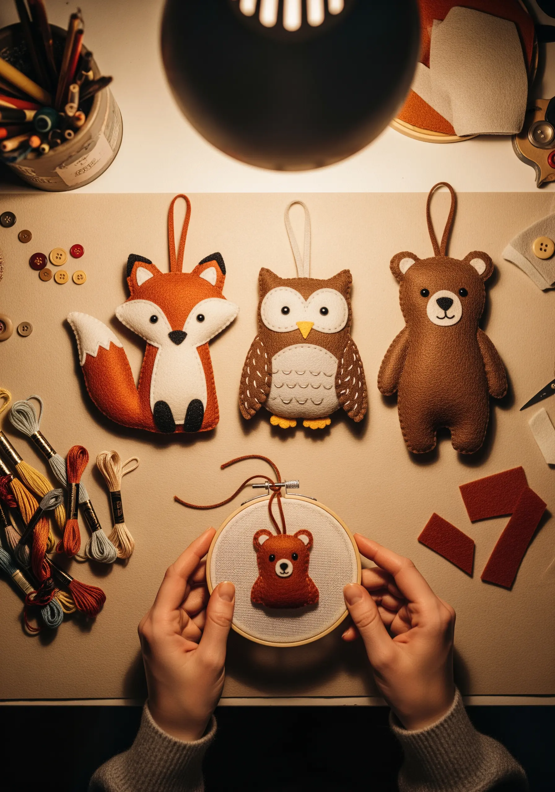 Handmade felt ornaments of a fox, owl, and bear, with a small bear in a hoop.
