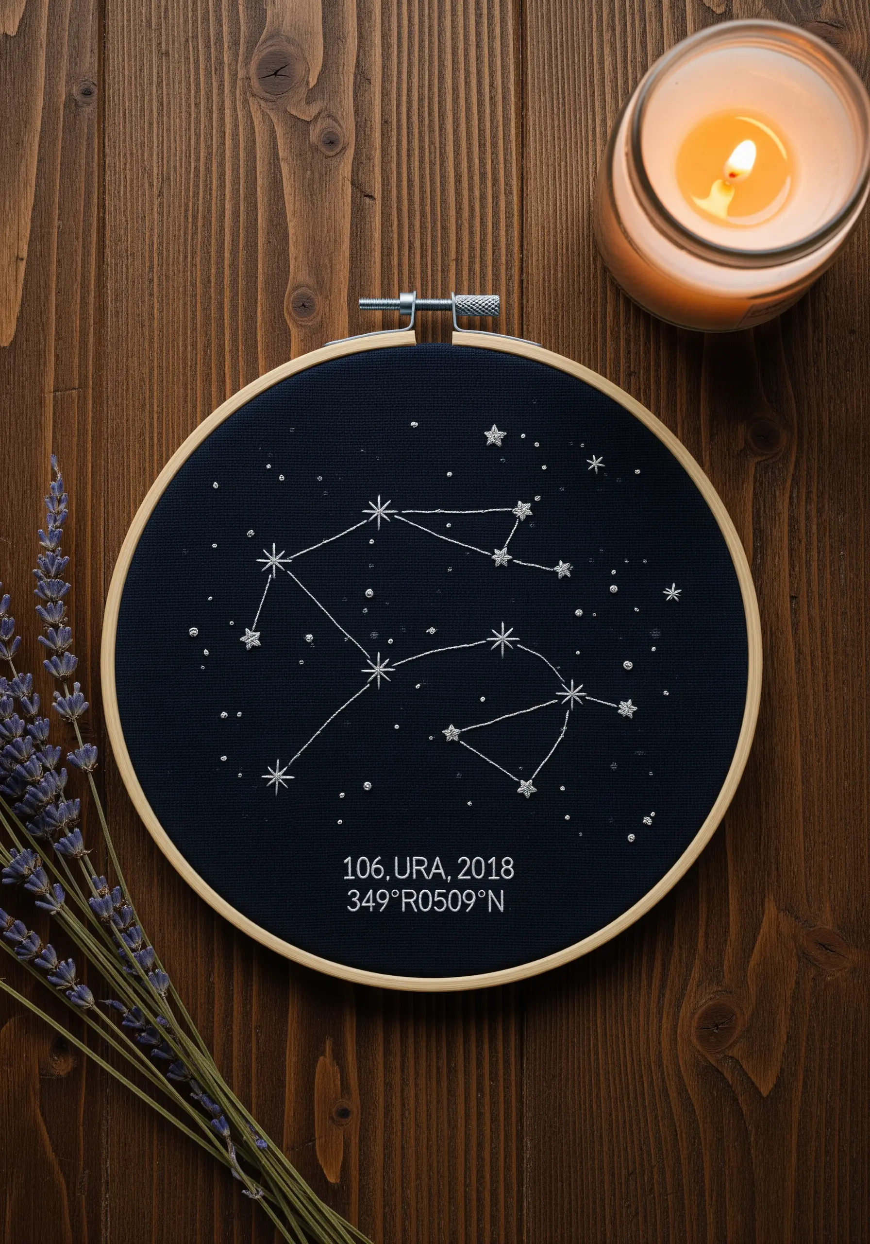 Embroidered constellation of Aquarius on dark navy fabric with coordinates.