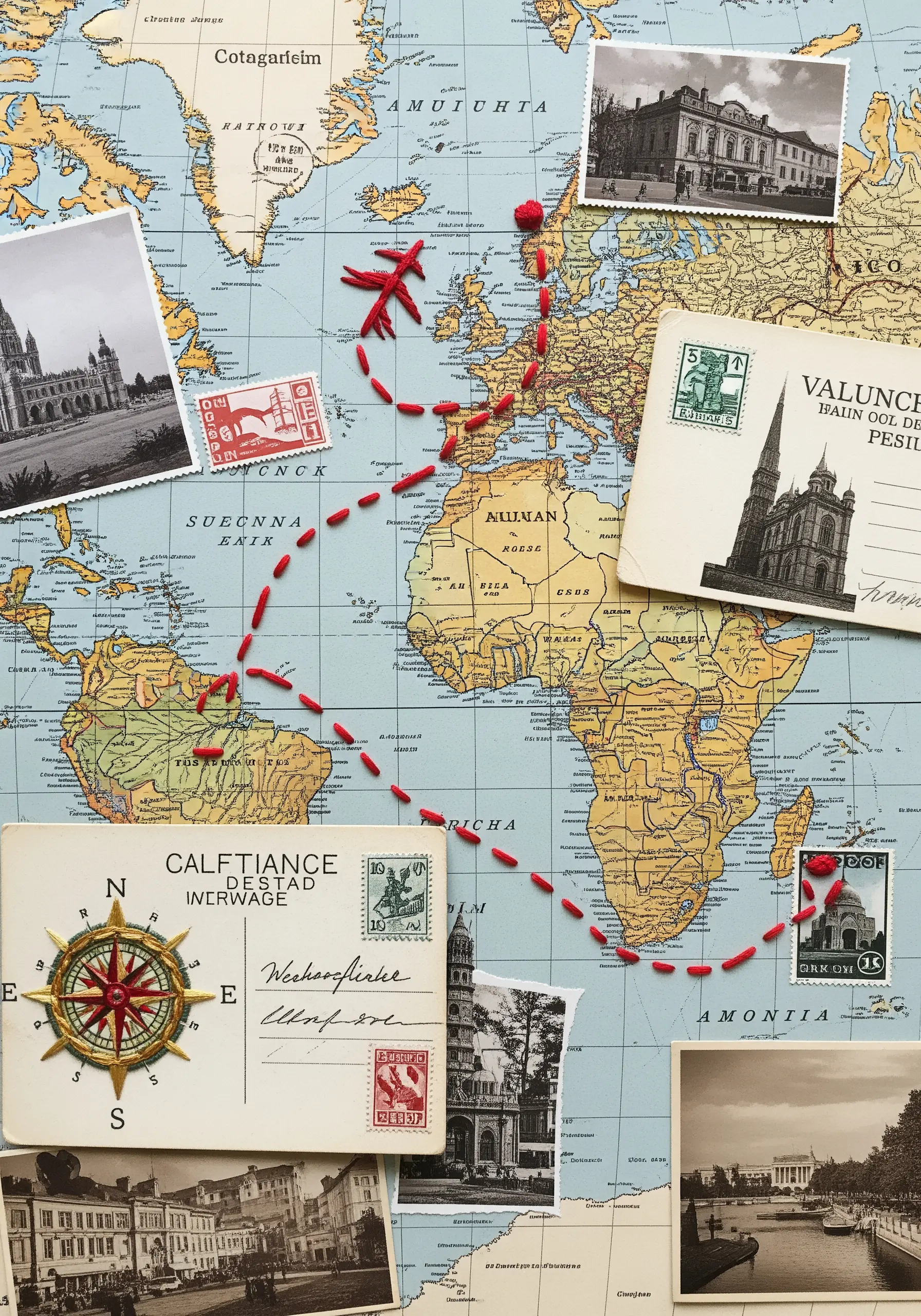 A vintage map collage with a travel route marked by a red running stitch.