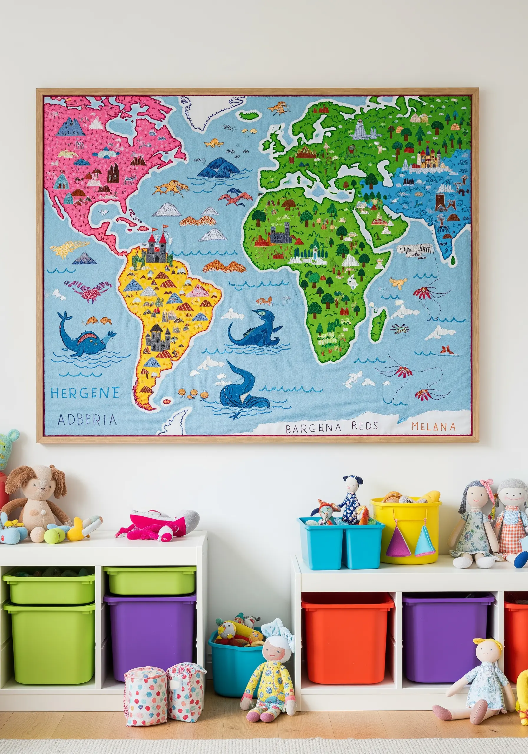 A large, colorful embroidered world map with whimsical details hanging in a children's playroom.