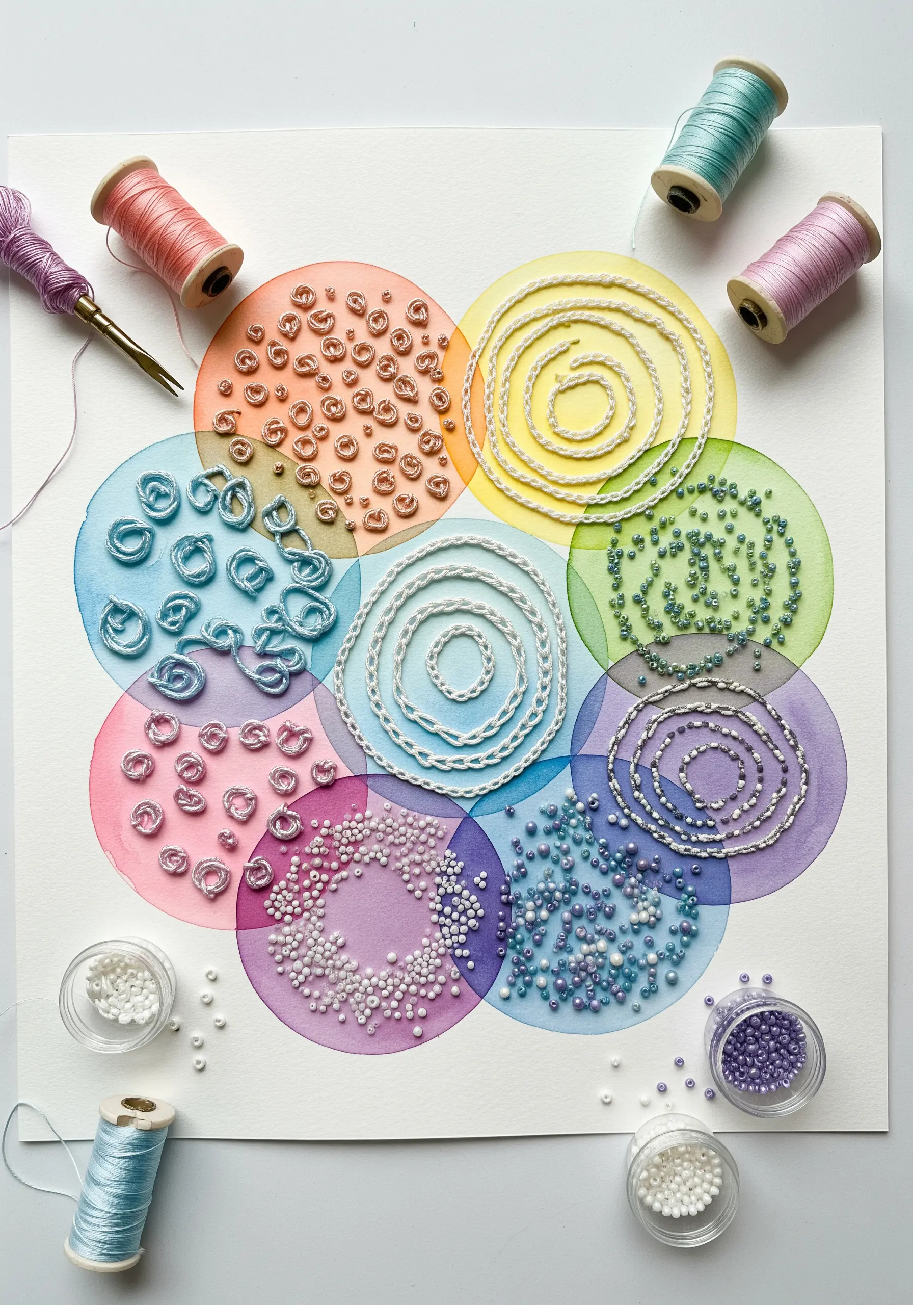 A sampler of beads and embroidery stitches arranged in colorful watercolor circles.