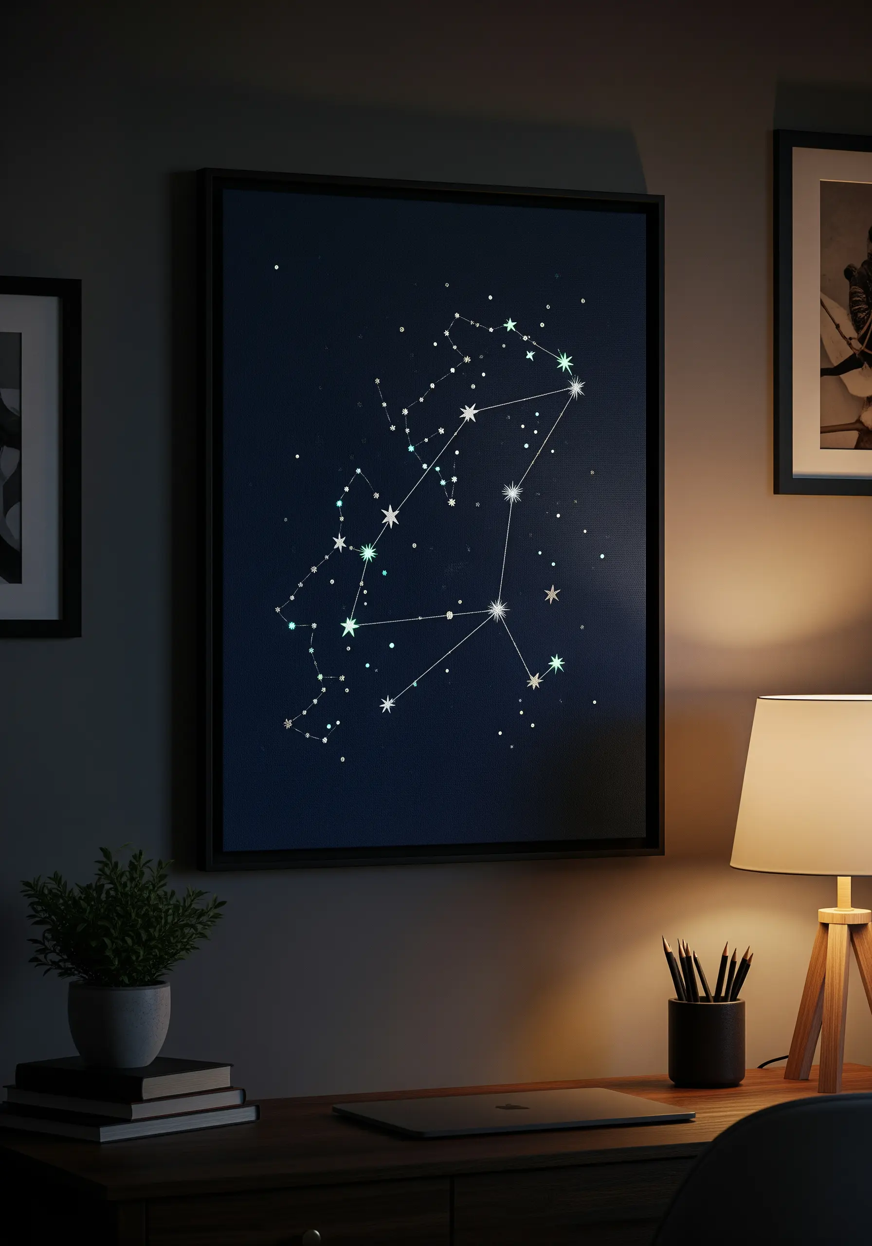 An embroidered constellation map on dark navy fabric in a modern black frame.