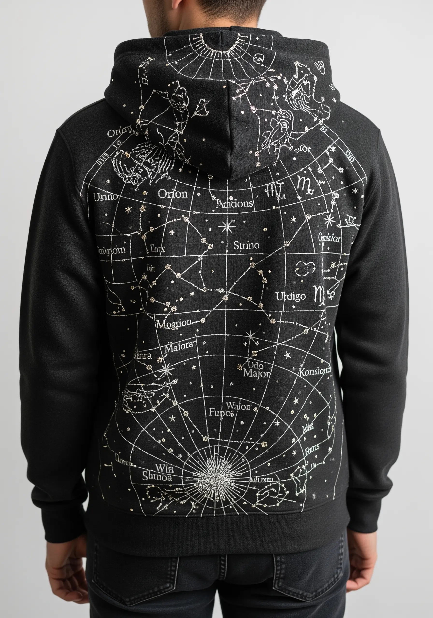An intricate constellation map embroidered in white thread on the back of a black hoodie.