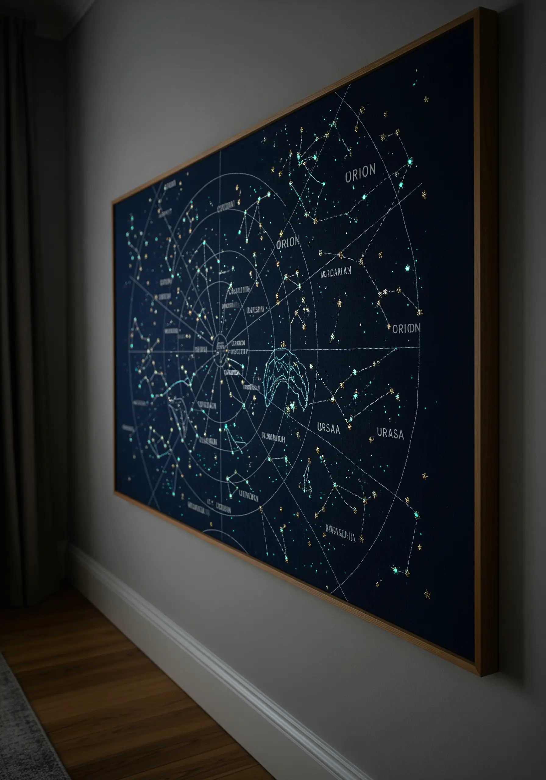 A large, framed embroidery of a celestial map with constellations on dark fabric.