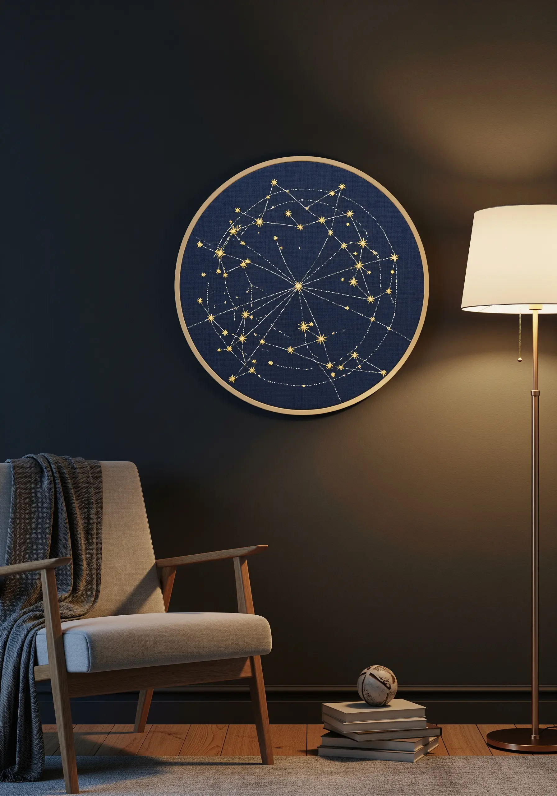 A large embroidery hoop with a gold-stitched constellation map on a dark blue fabric background.