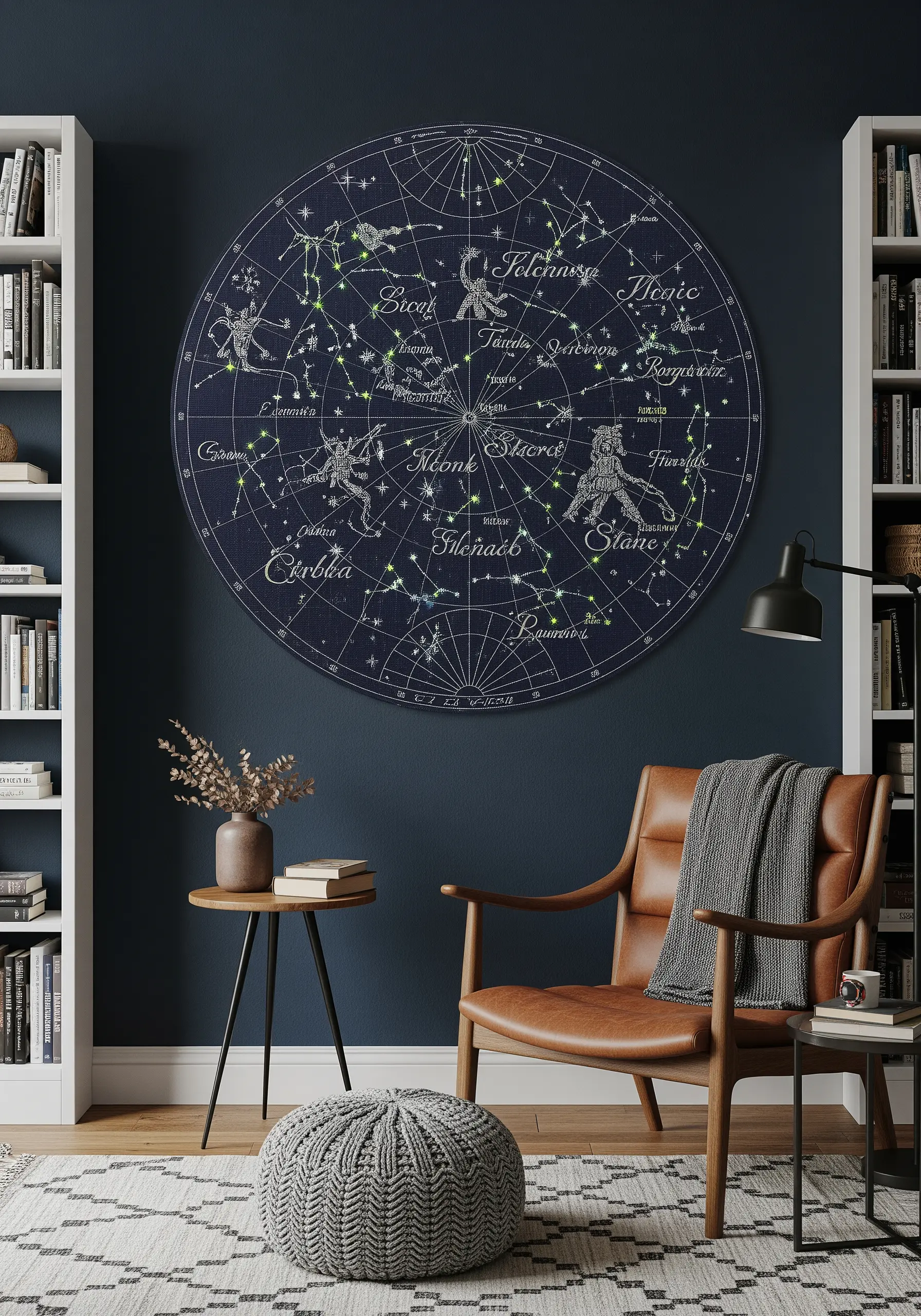 A large, round embroidered zodiac chart on dark blue fabric showing constellations and stars.