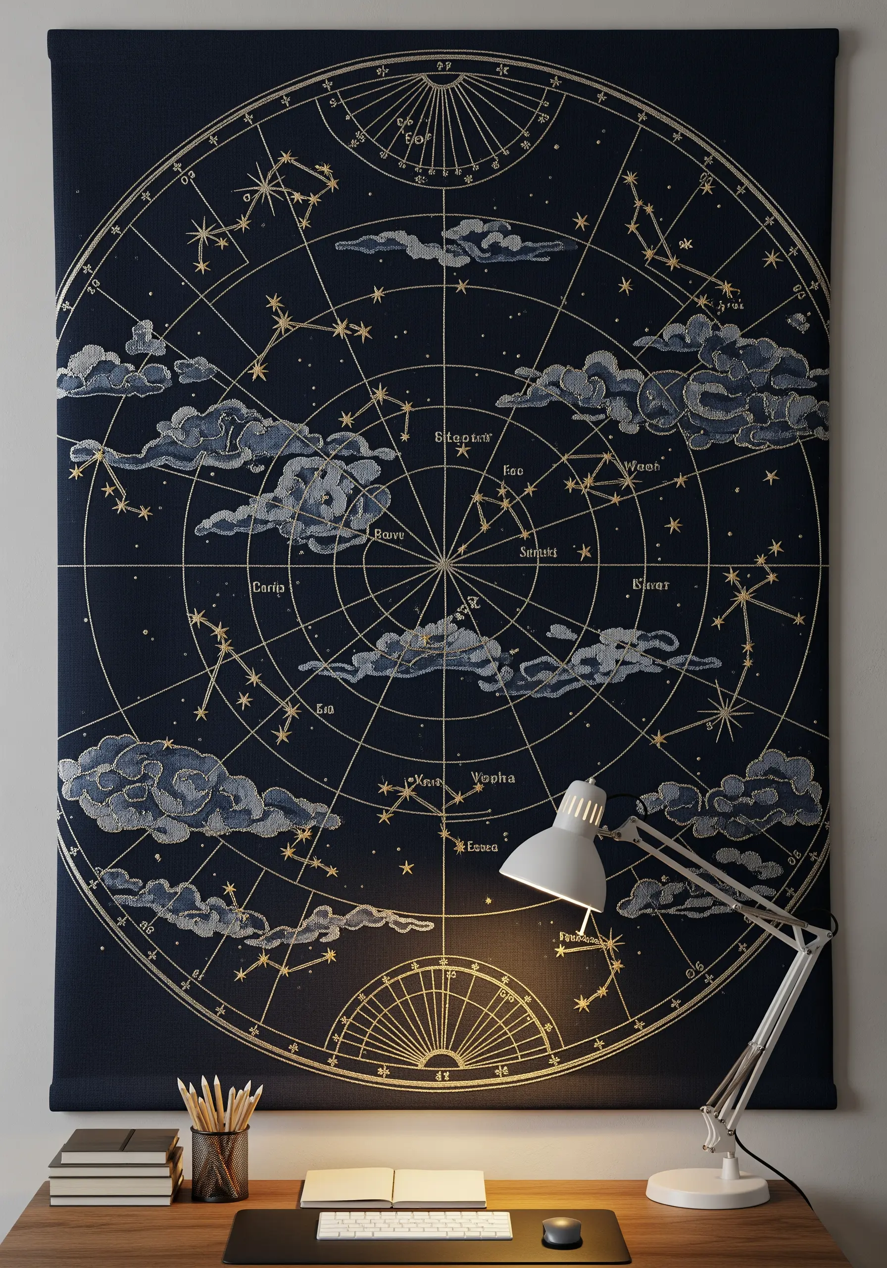 An embroidered celestial map on dark fabric with gold thread for stars and constellations.