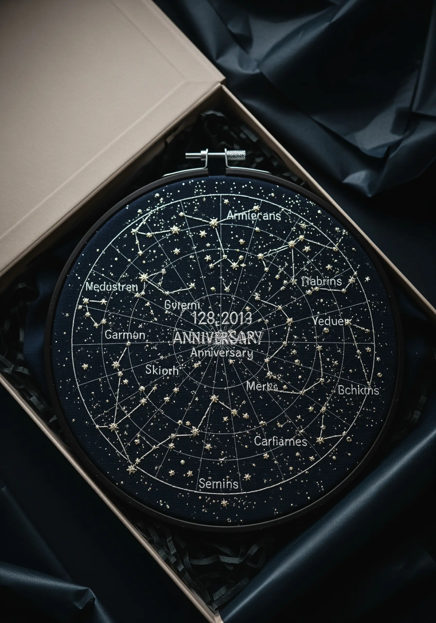 An embroidered constellation map of an anniversary sky on dark fabric in a black hoop.