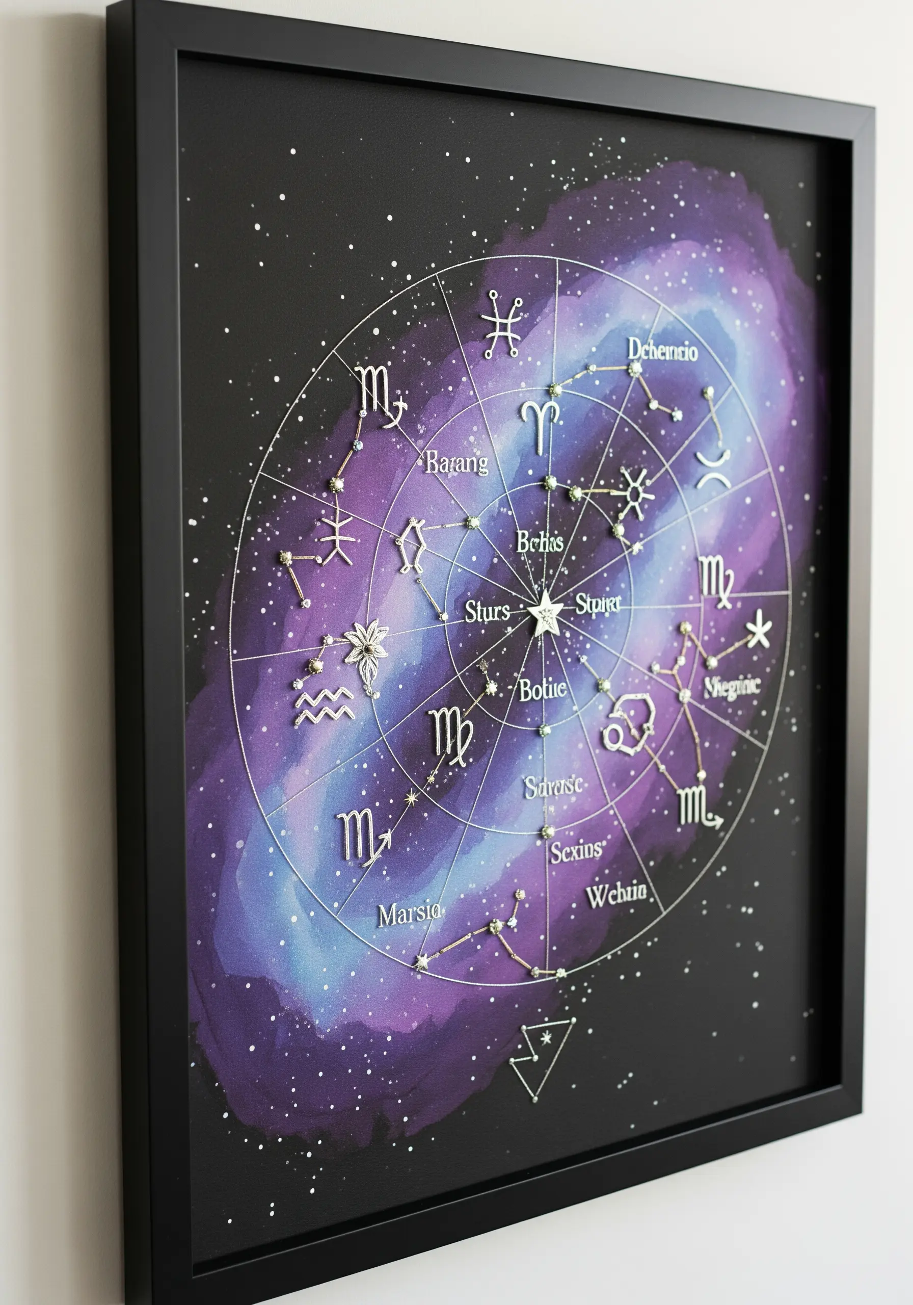 An embroidered zodiac wheel on a painted galaxy background with silver thread constellations.