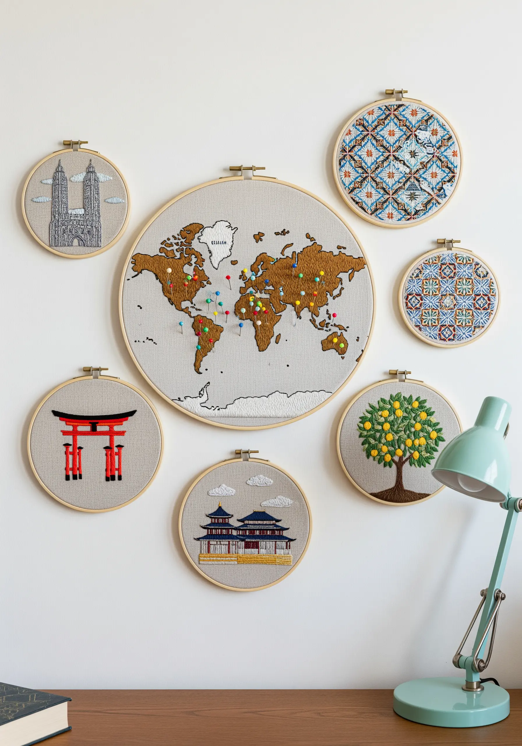 An embroidered world map in a large central hoop, surrounded by smaller hoops of global landmarks.