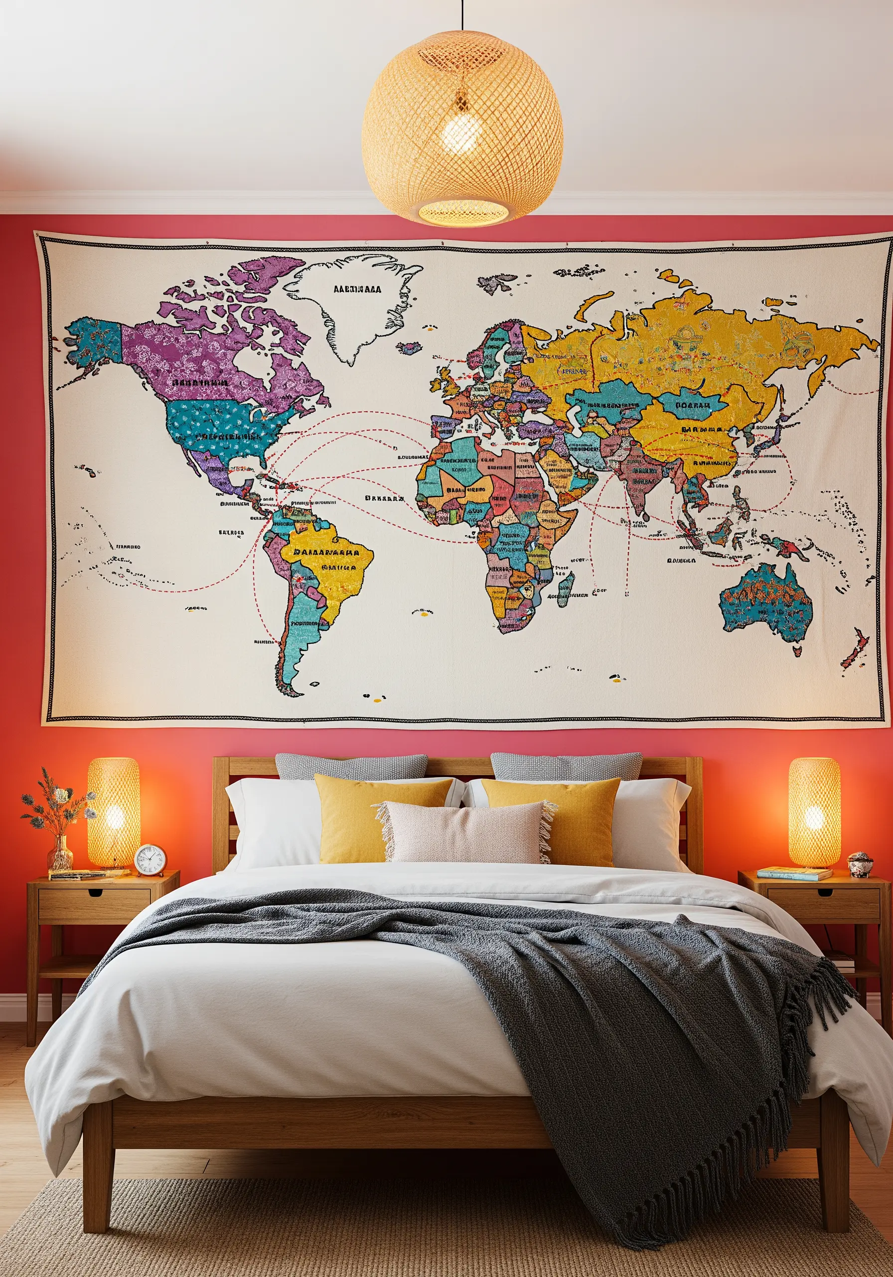 A large fabric world map tapestry above a bed, with red stitched lines indicating travel routes.