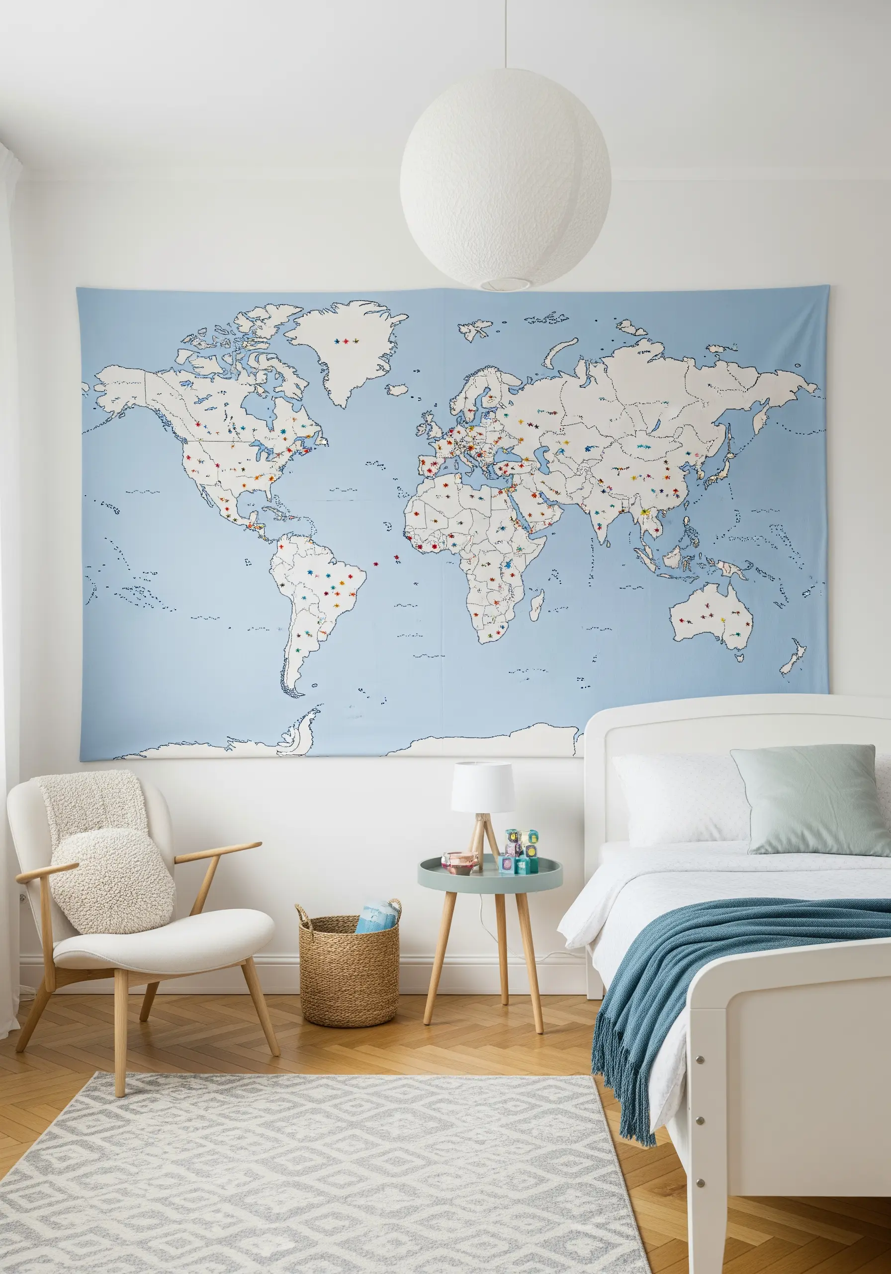 A large embroidered world map tapestry with colorful stitches marking different locations.