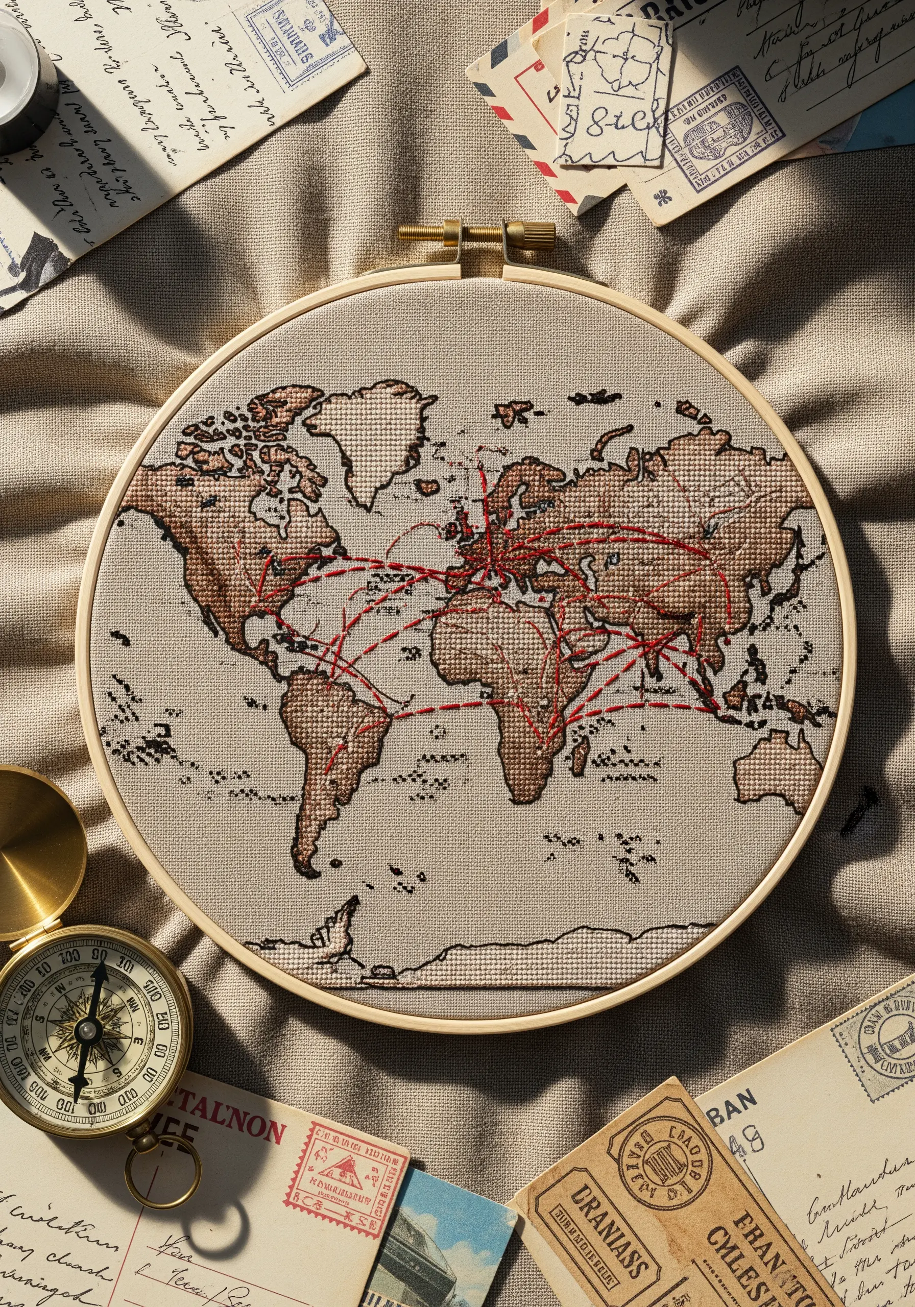 Sepia cross-stitch world map with red flight paths