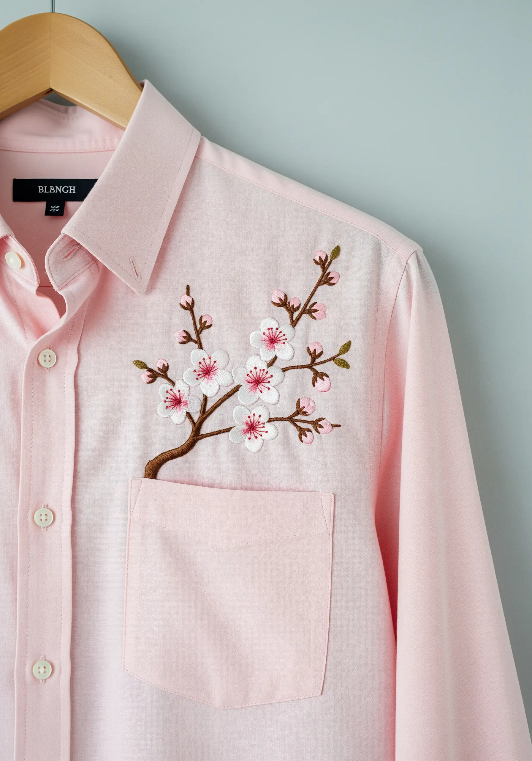 A branch of cherry blossoms embroidered as if growing out of a pink shirt pocket.