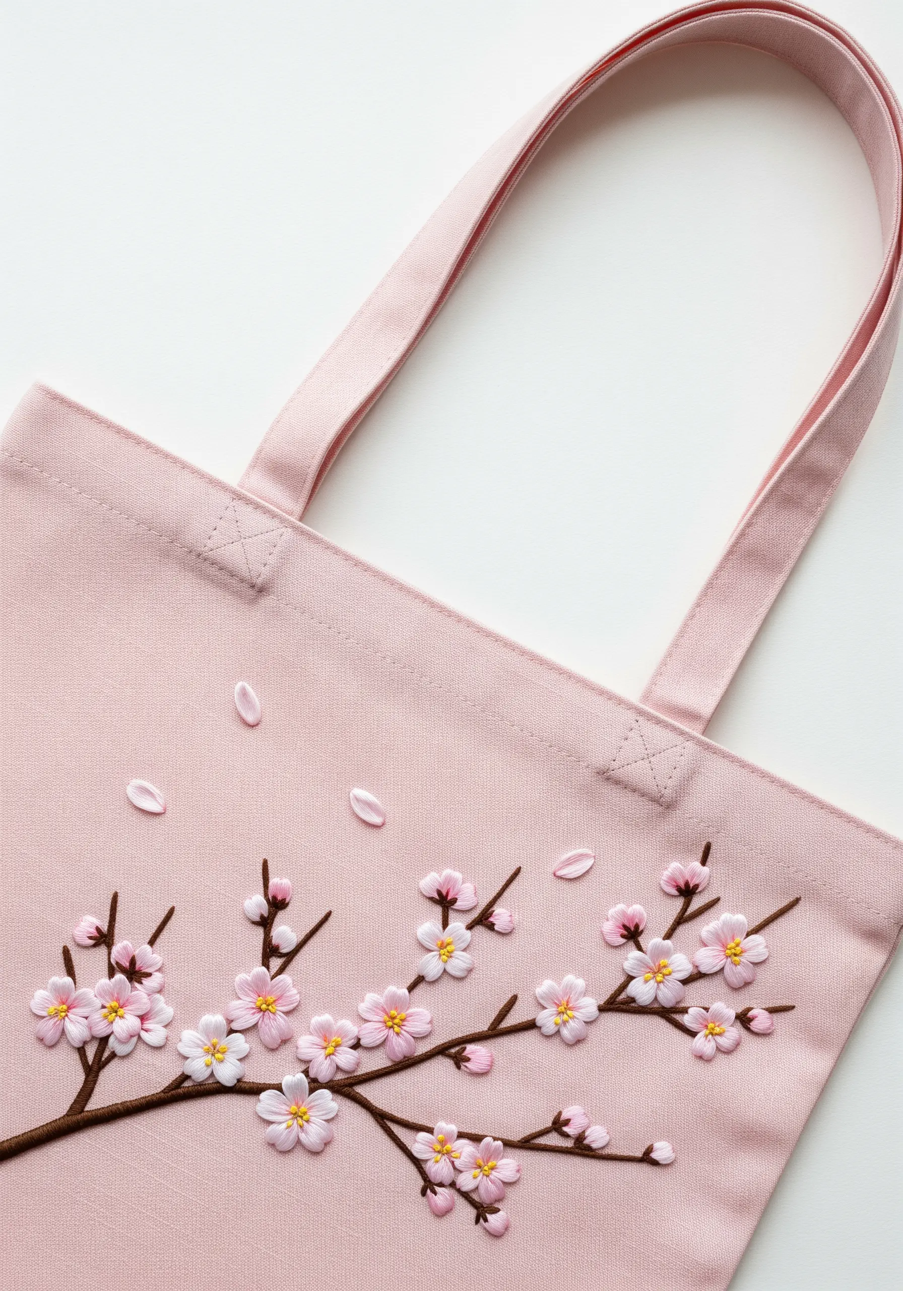Embroidered branch of cherry blossoms with pink and white petals on a light pink tote bag.