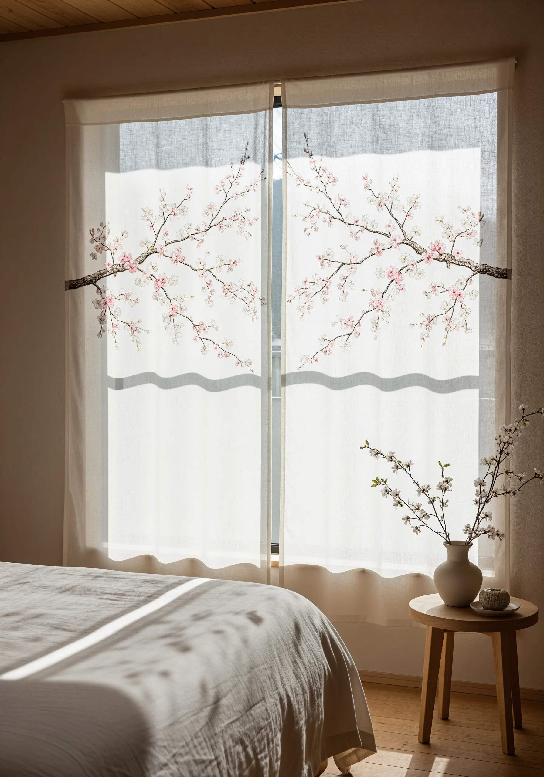 Pink cherry blossom branches embroidered on delicate, semi-sheer white curtains.