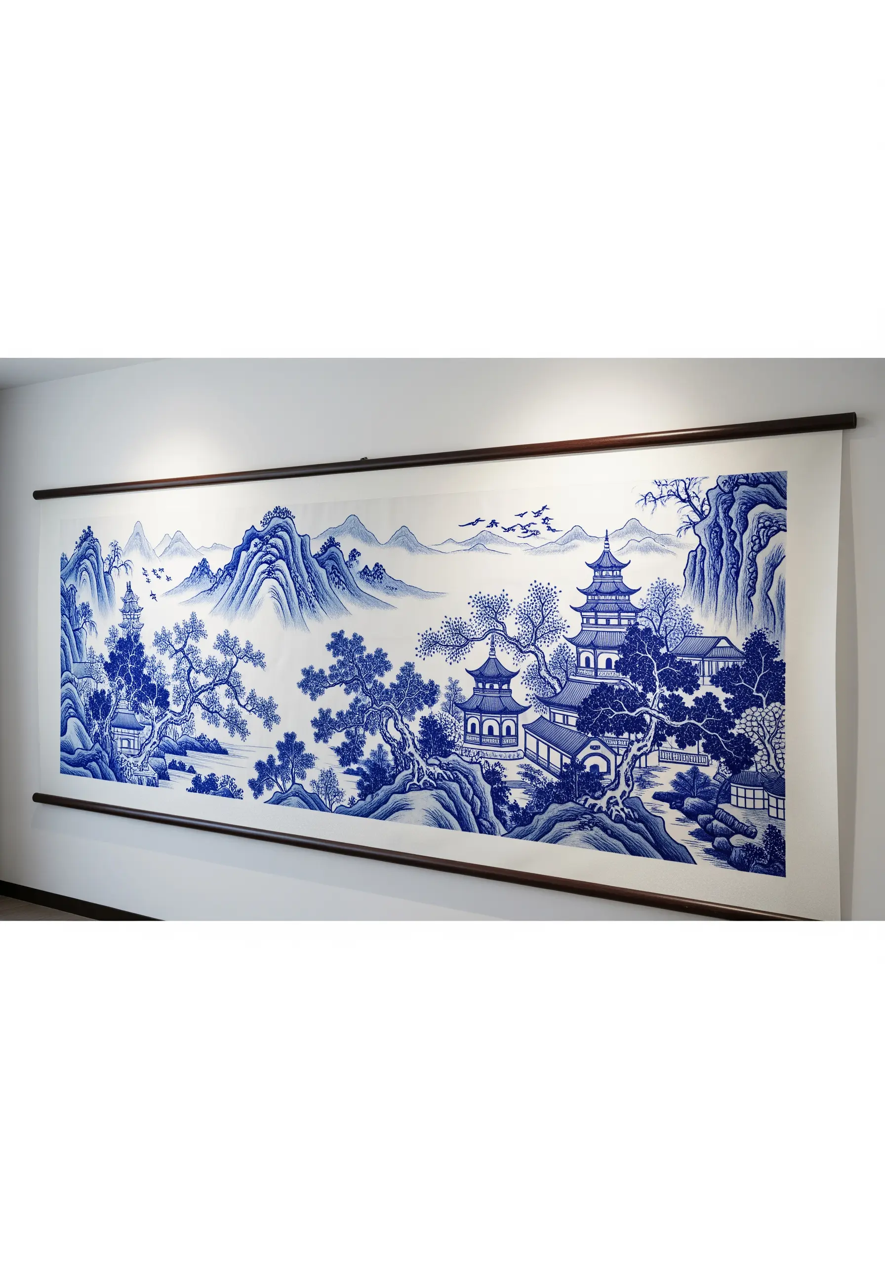 A long, panoramic wall scroll with a Chinese landscape embroidered in blue and white.