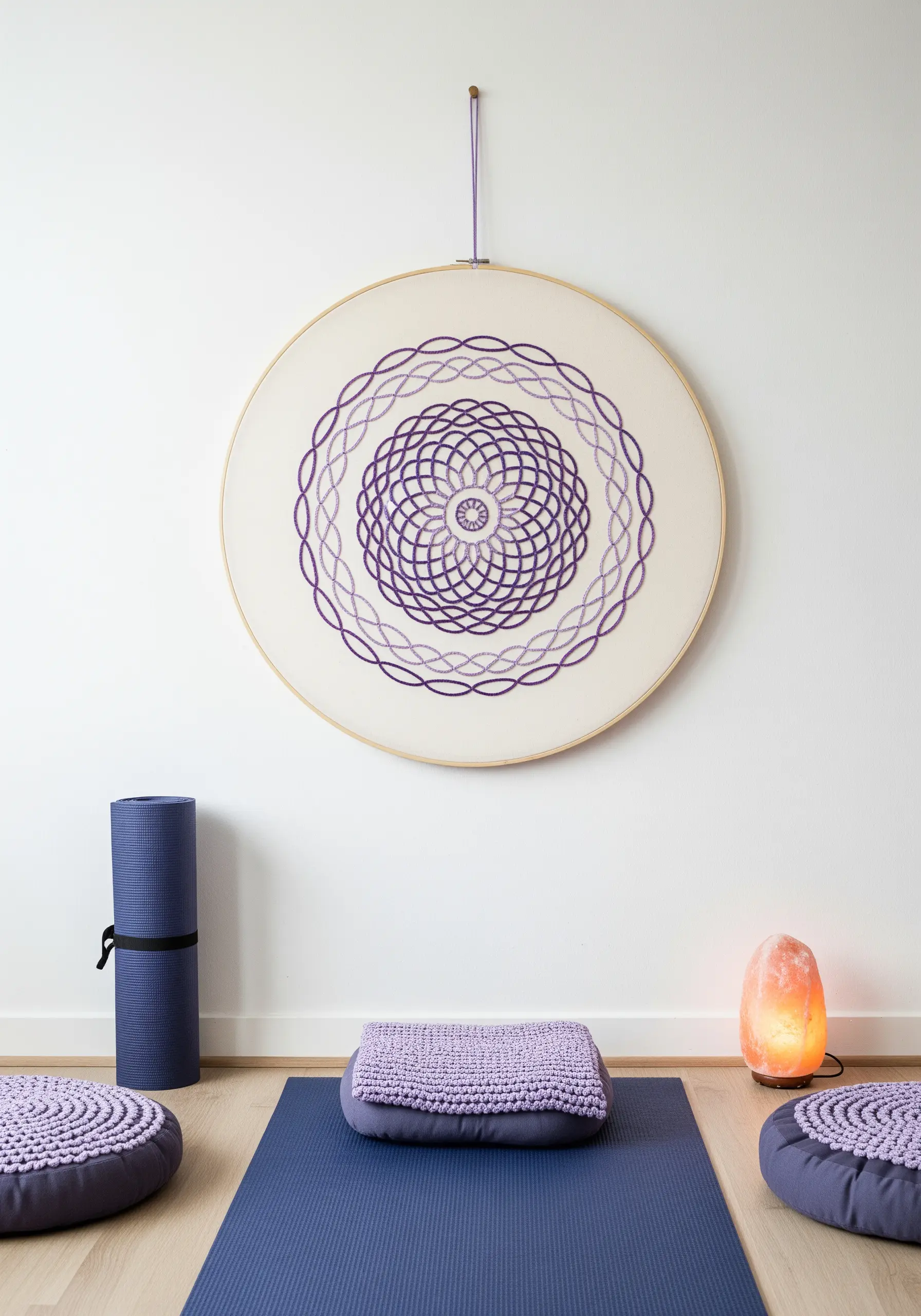 A large geometric mandala stitched in shades of purple in a yoga room.