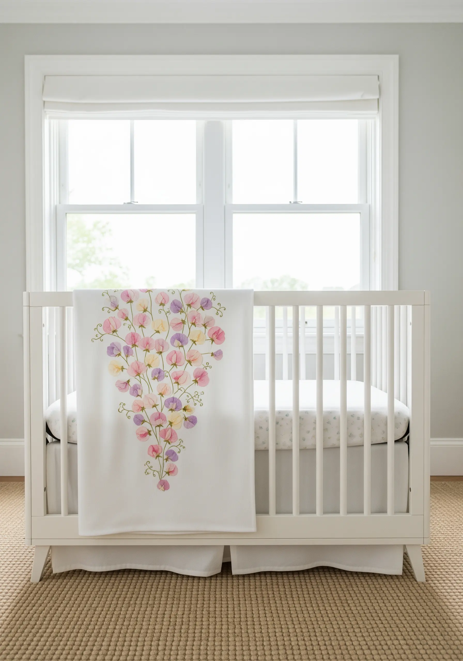 A cascade of embroidered sweet pea flowers in soft pastel colors on a baby blanket.