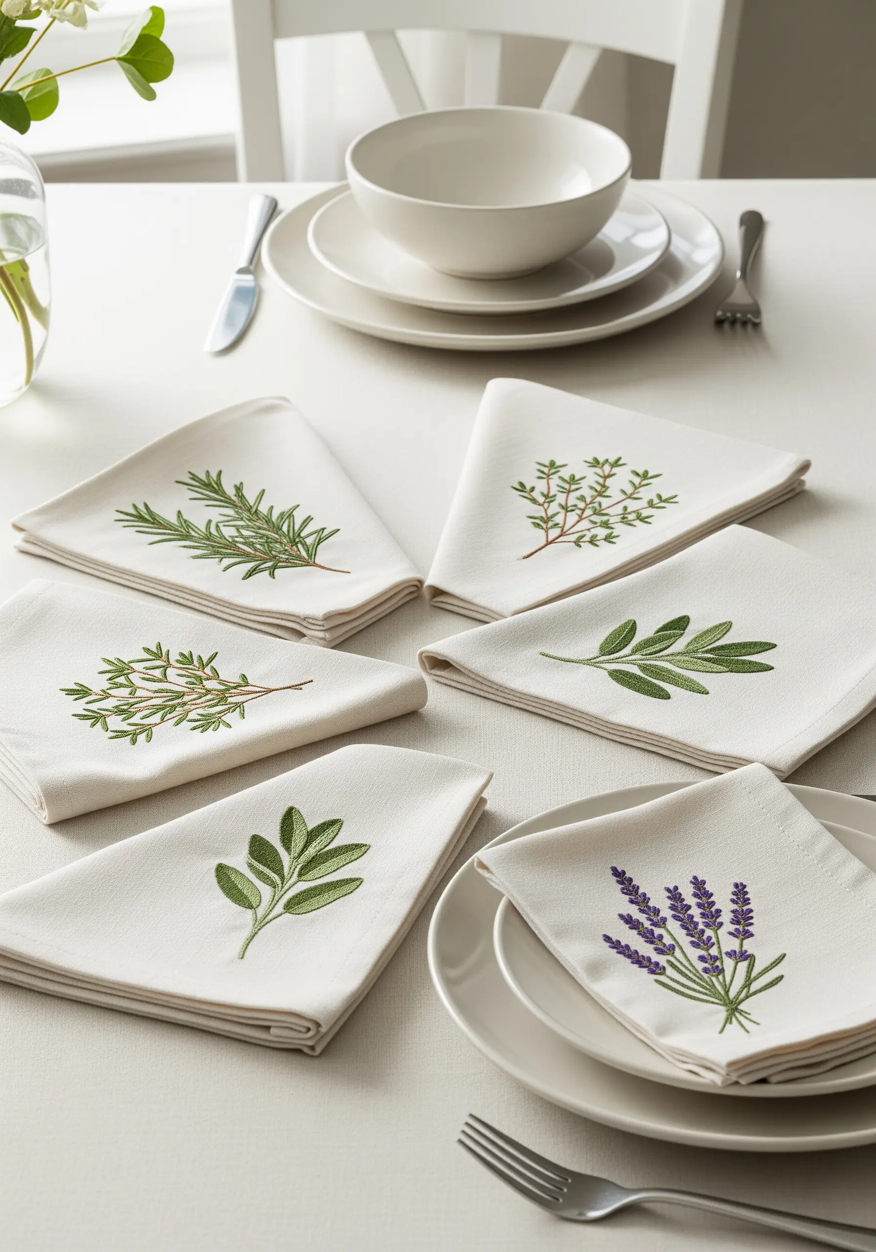 A collection of white linen napkins, each embroidered with a different culinary herb.