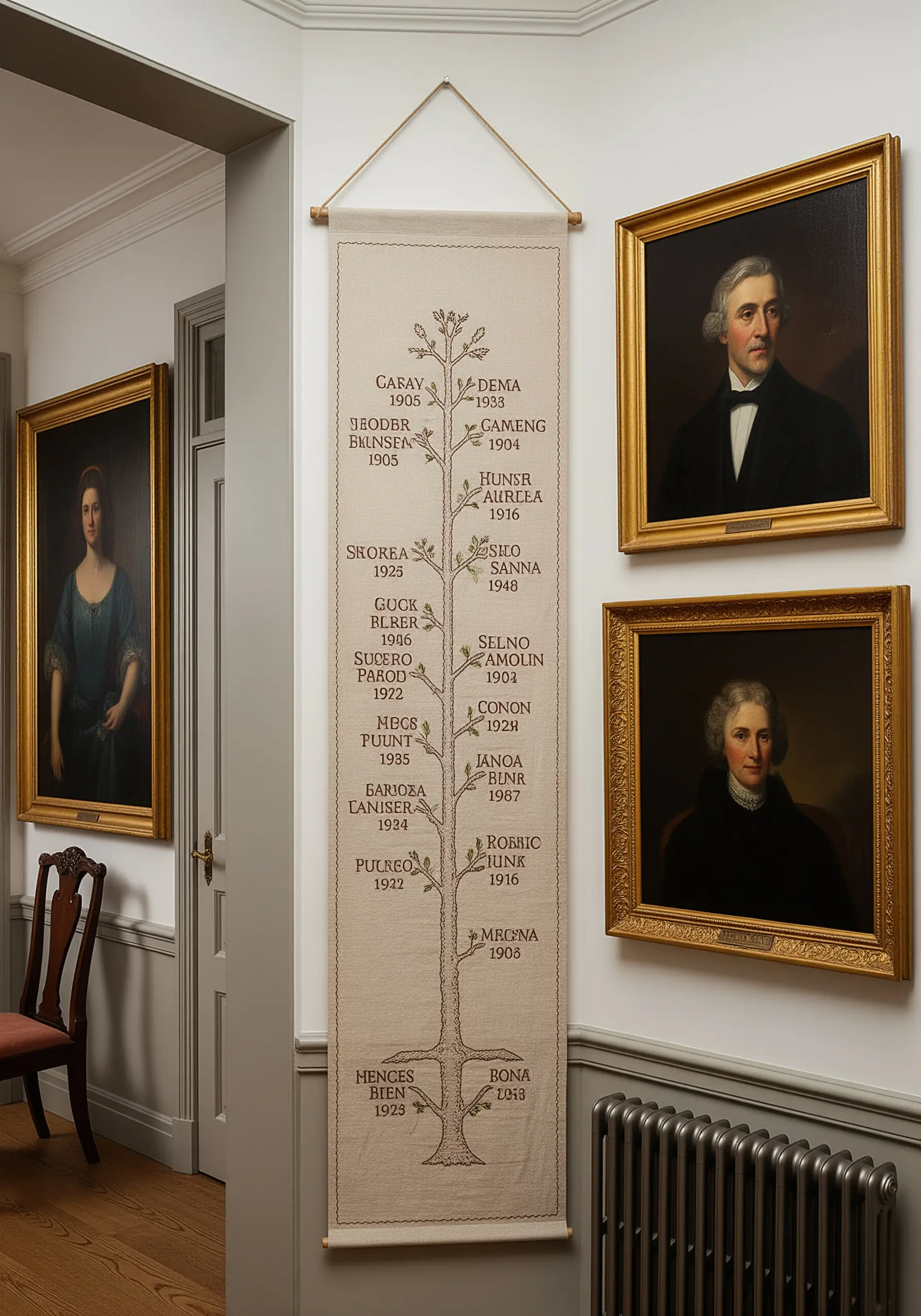 A family tree banner embroidered on linen with names branching off a central trunk.