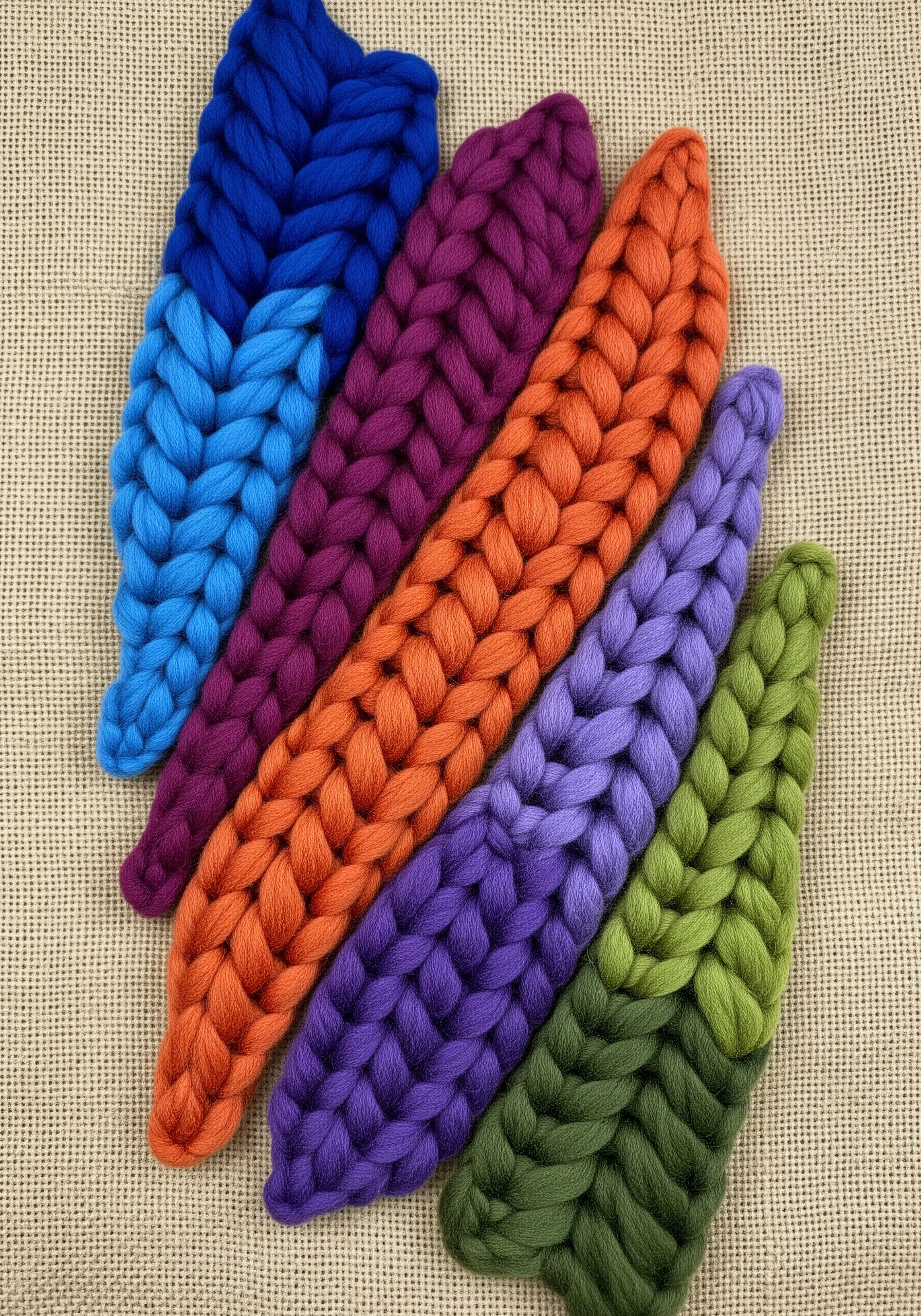 Thick, colorful braids of chunky yarn stitched onto a burlap canvas.